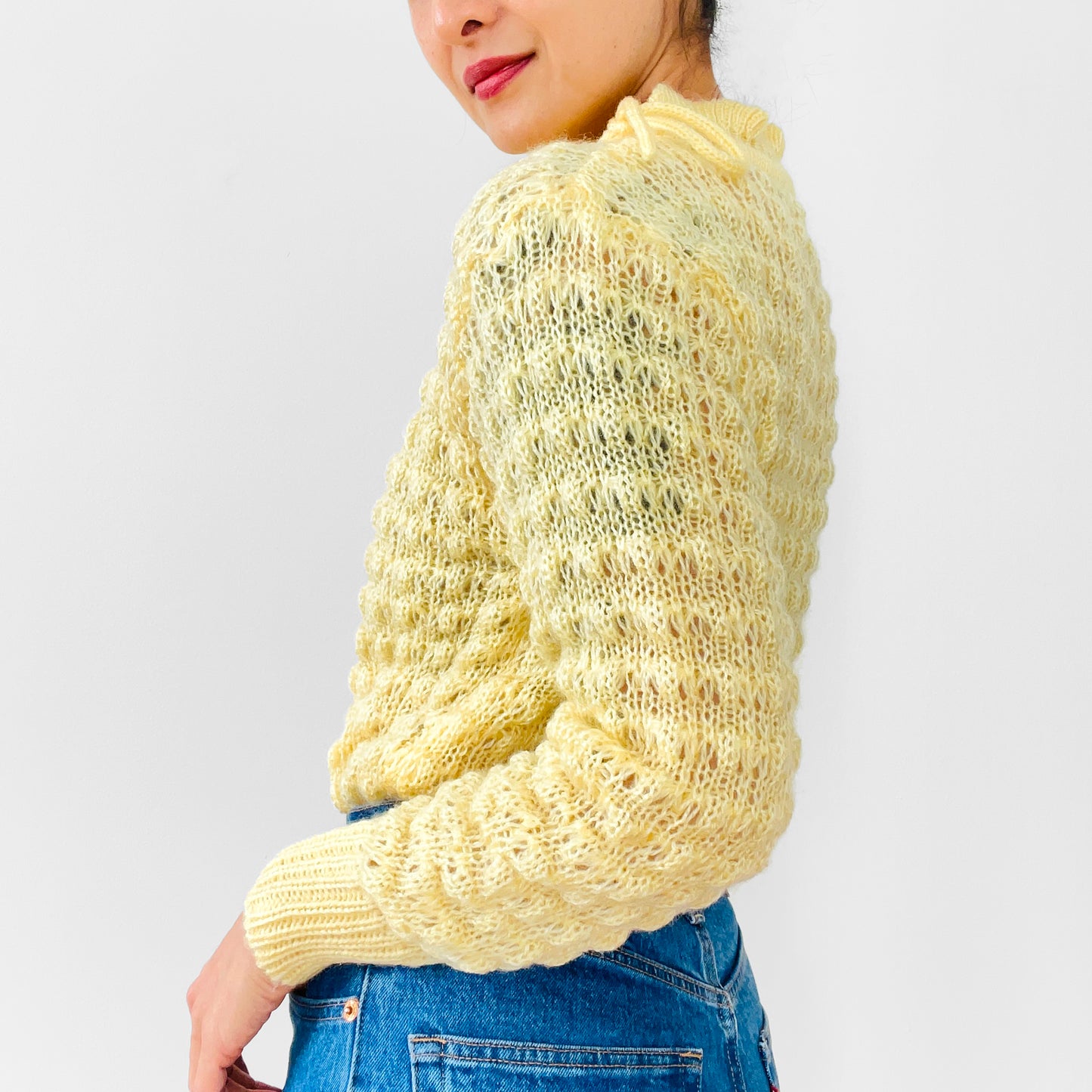 1960s Yellow Tied Ruffle-Neck Hand-Knit Long-Sleeve Pullover Sweater