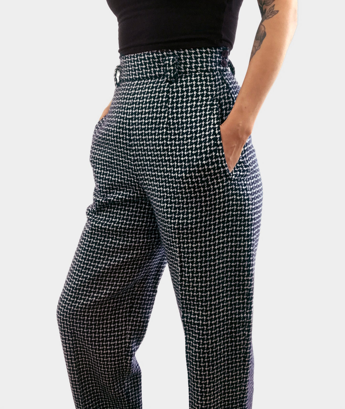 1990s Navy Houndstooth Wool-Blend High-Waisted Side-Button Pants