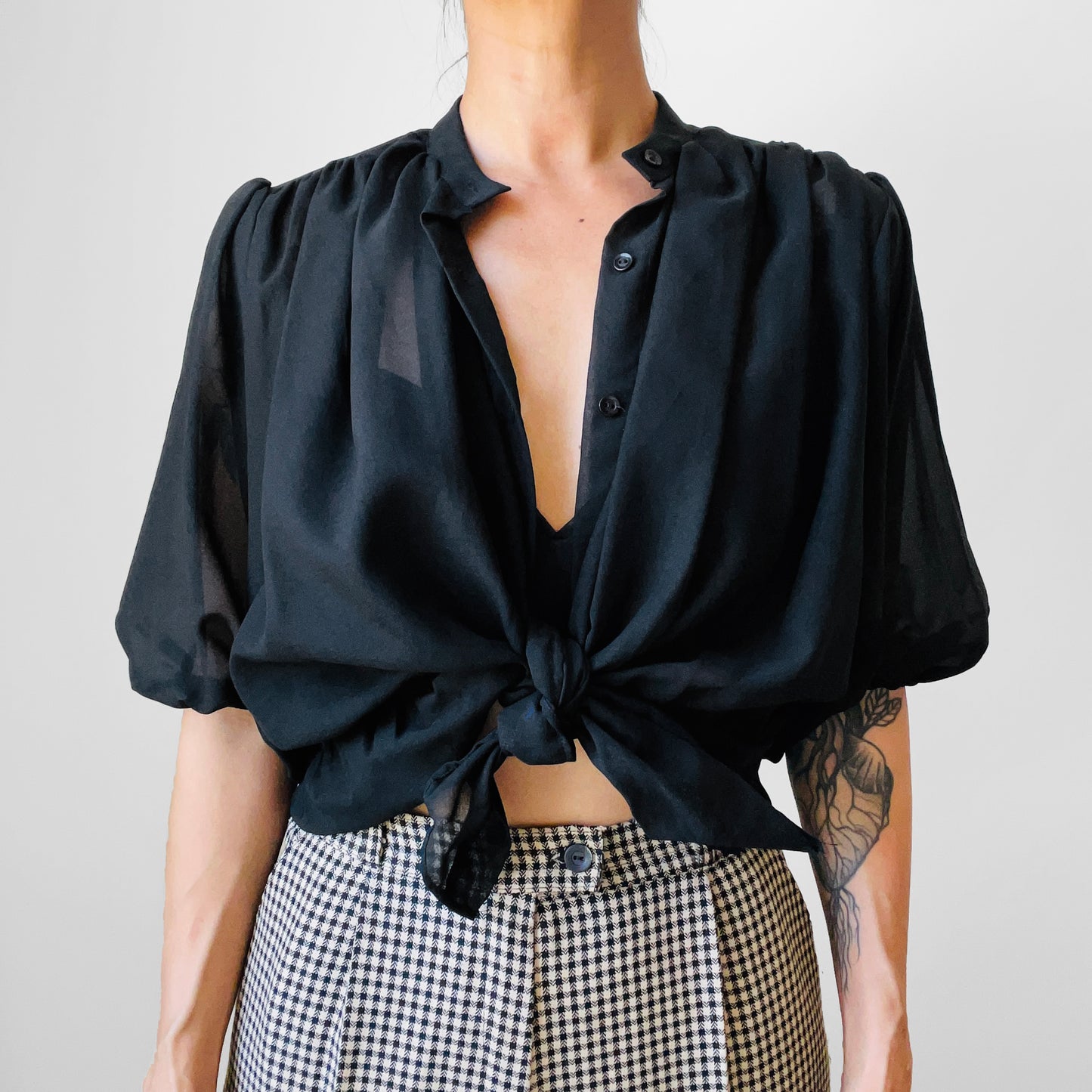 1960s Black Sheer Montreal Made in Canada Puff-Sleeve Button-Front Peplum Blouse