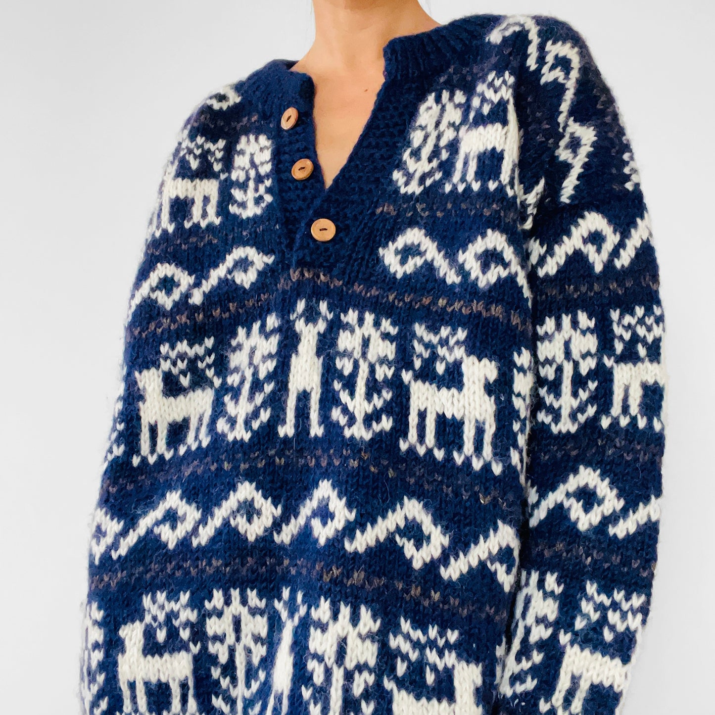 1980s Navy Heavy Wool Handknit Pullover Deer Sweater