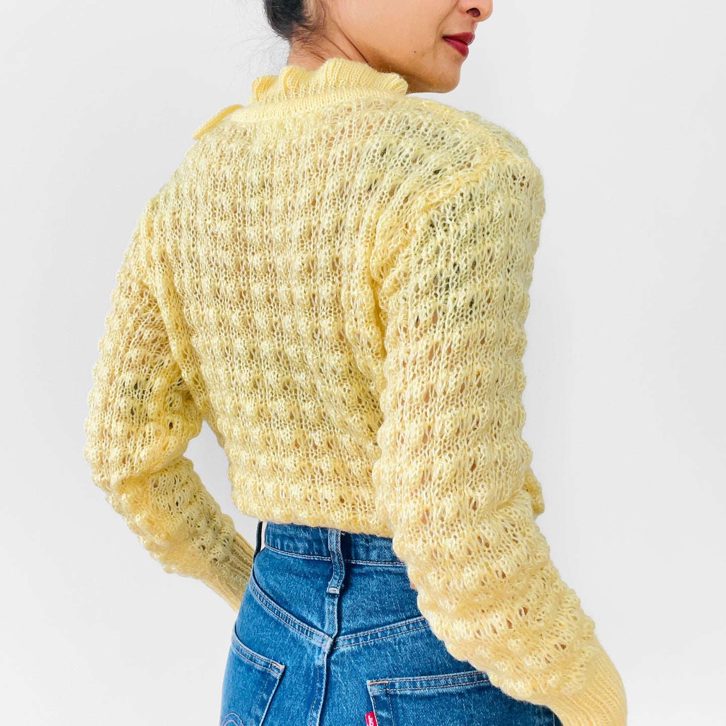 1960s Yellow Tied Ruffle-Neck Hand-Knit Long-Sleeve Pullover Sweater