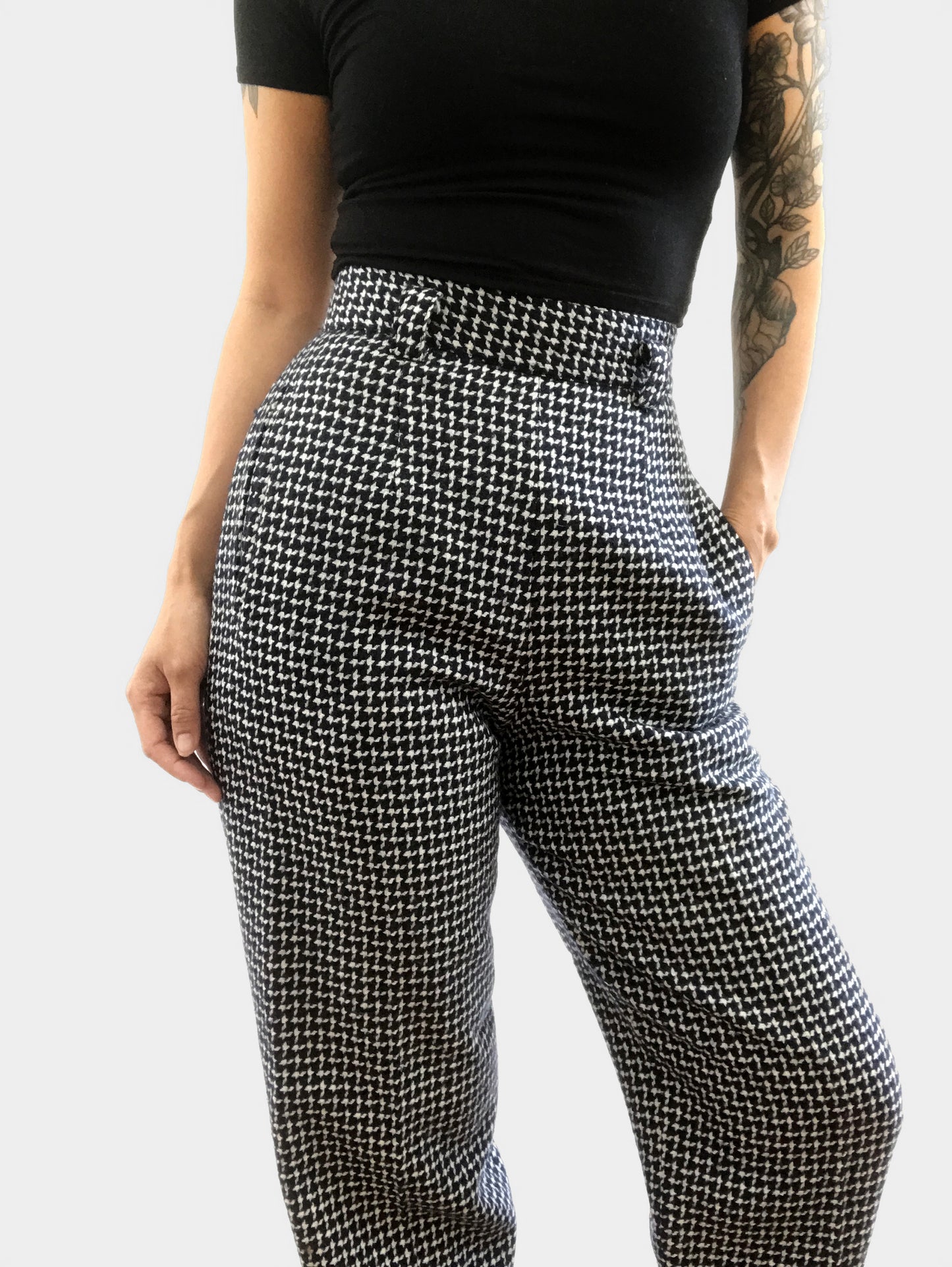 1990s Navy Houndstooth Wool-Blend High-Waisted Side-Button Pants