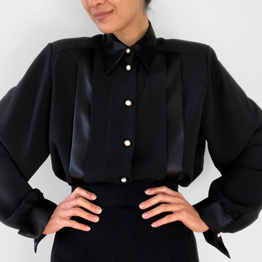 1980s - 1990s Black Tone-On-Tone Stripe Collared Button-Front Blouse