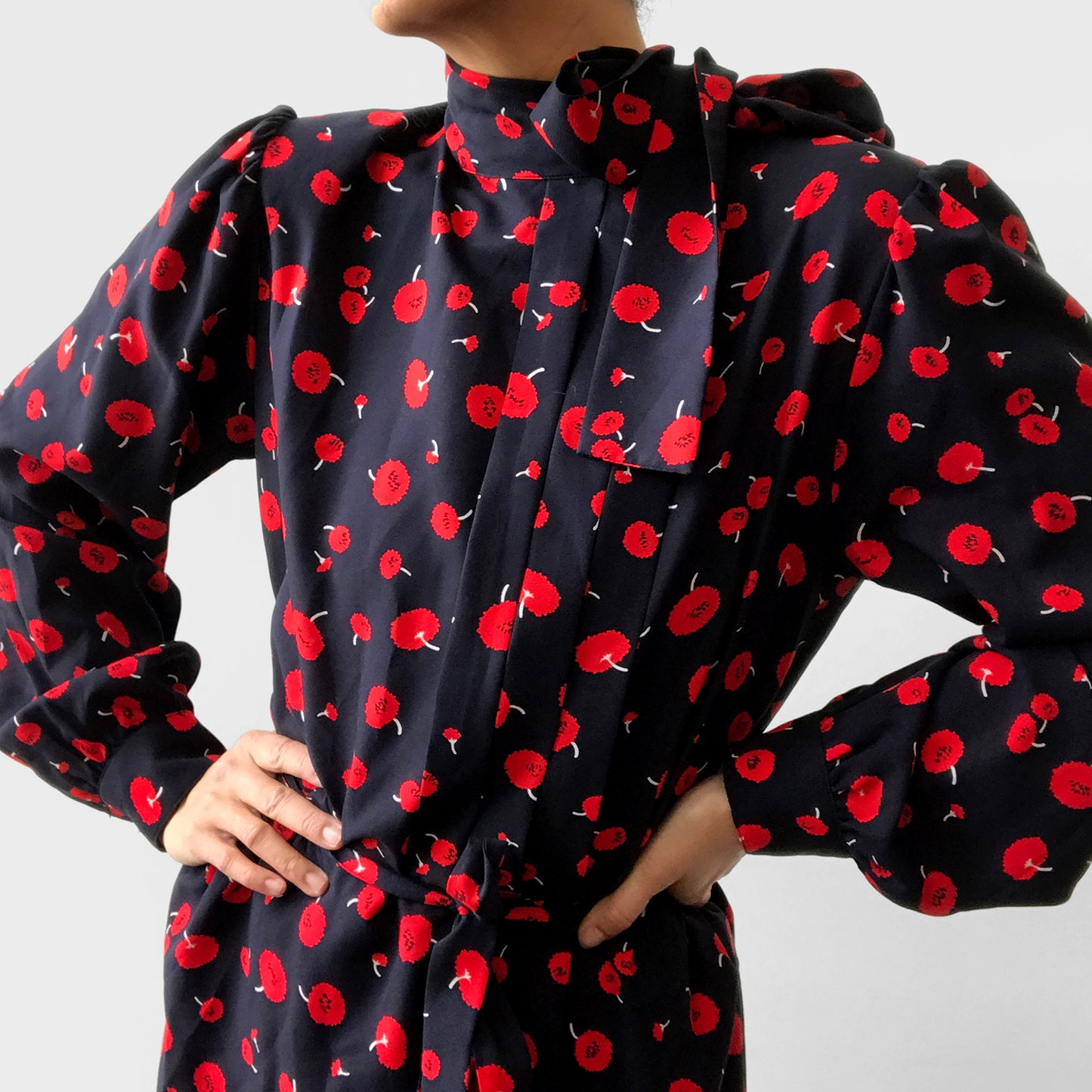 1990s Black and Red Cherry Patterned Tied-Neck Belted Dress