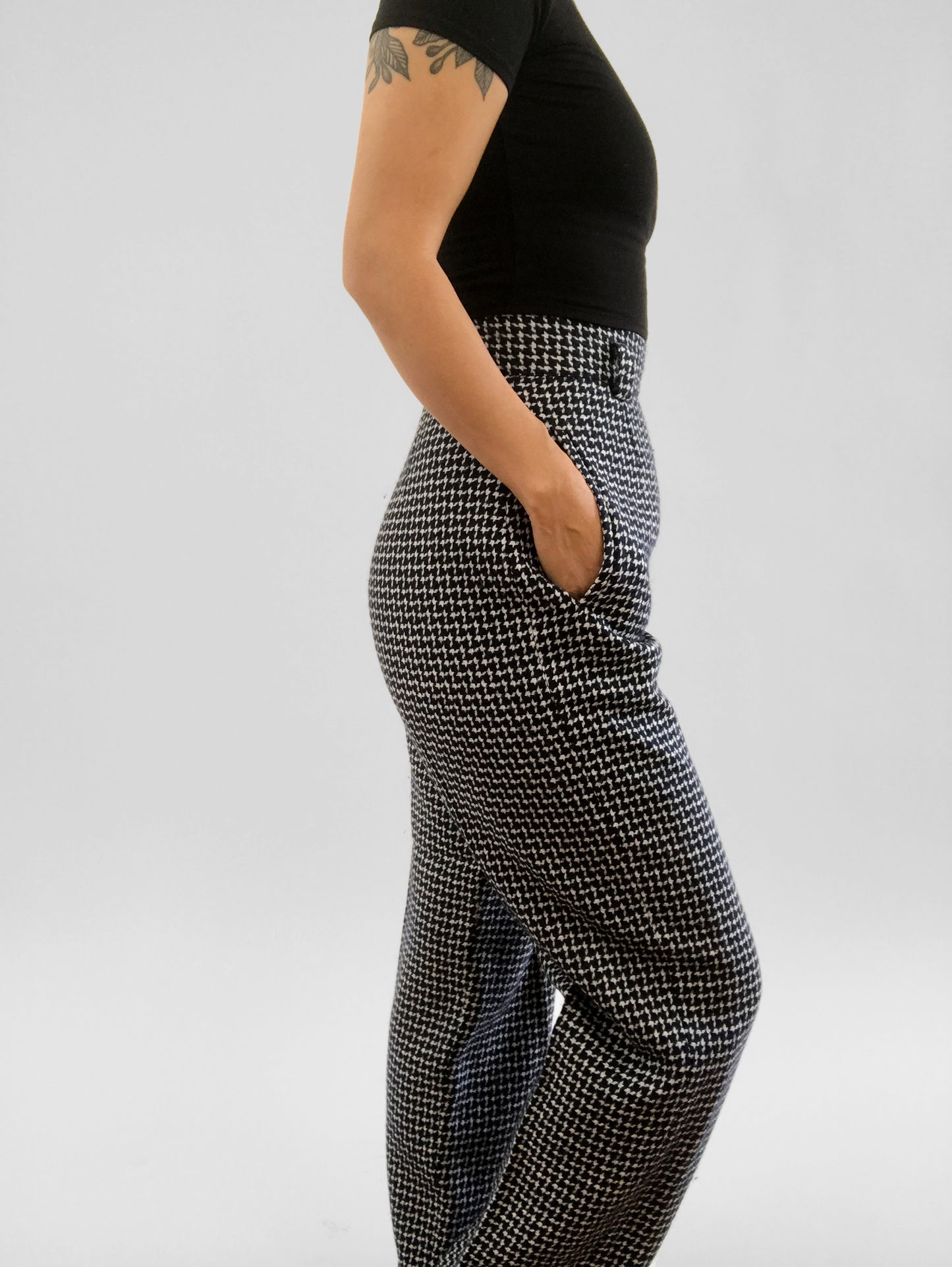 1990s Navy Houndstooth Wool-Blend High-Waisted Side-Button Pants