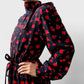 1990s Black and Red Cherry Patterned Tied-Neck Belted Dress