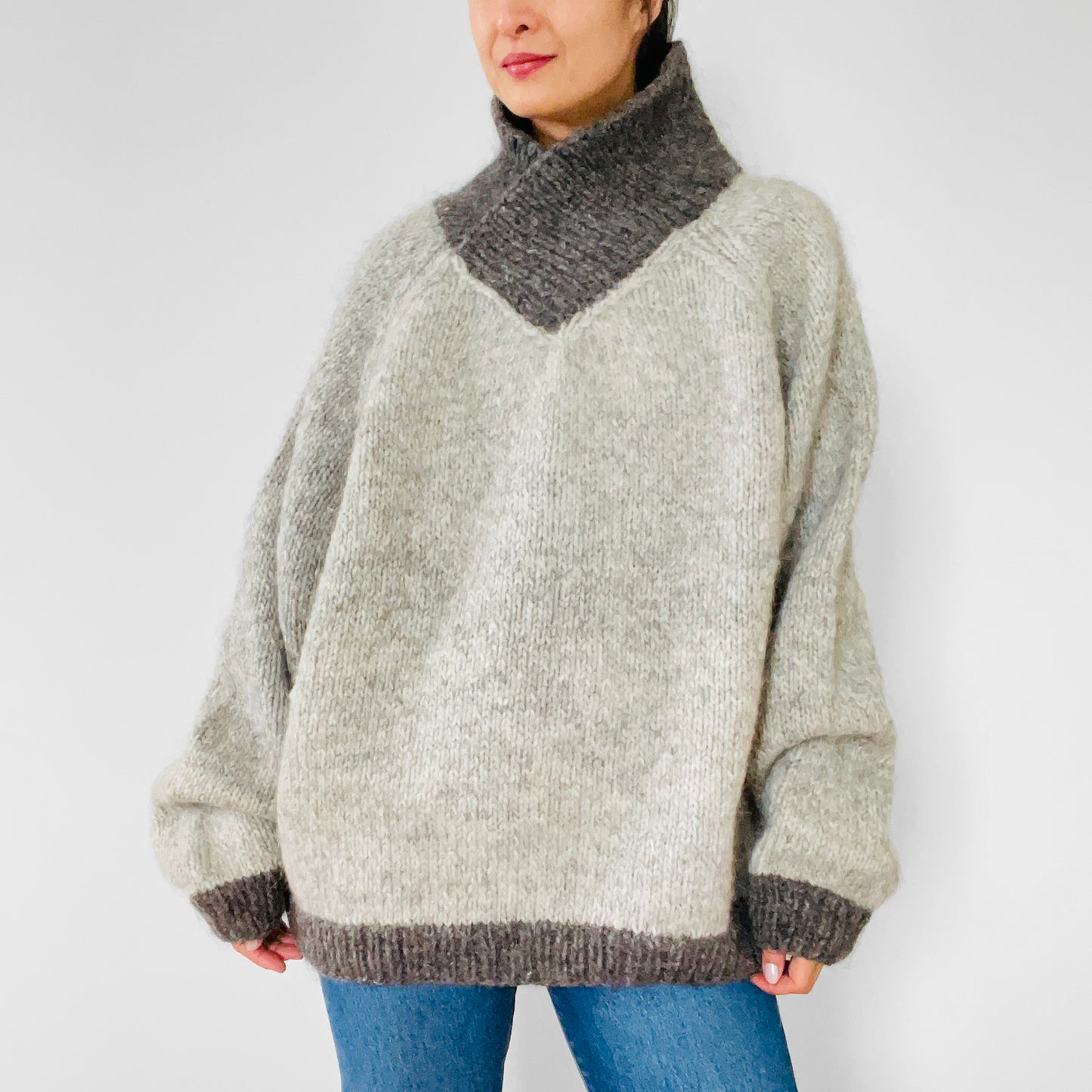 1980s Slouchy Handmade Wool Mohair High-Neck Two-Tone Knit Pullover Sweater