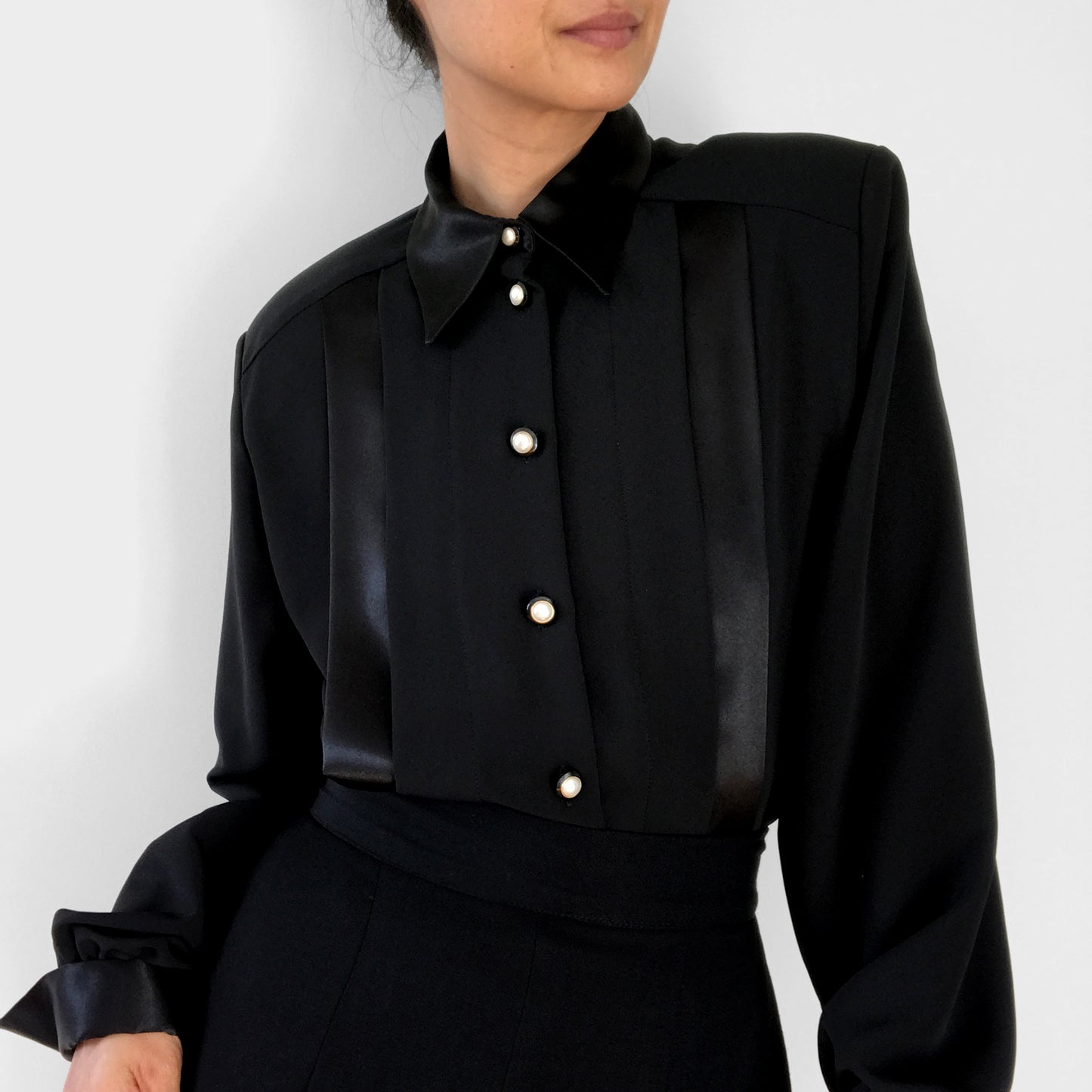 1980s - 1990s Black Tone-On-Tone Stripe Collared Button-Front Blouse