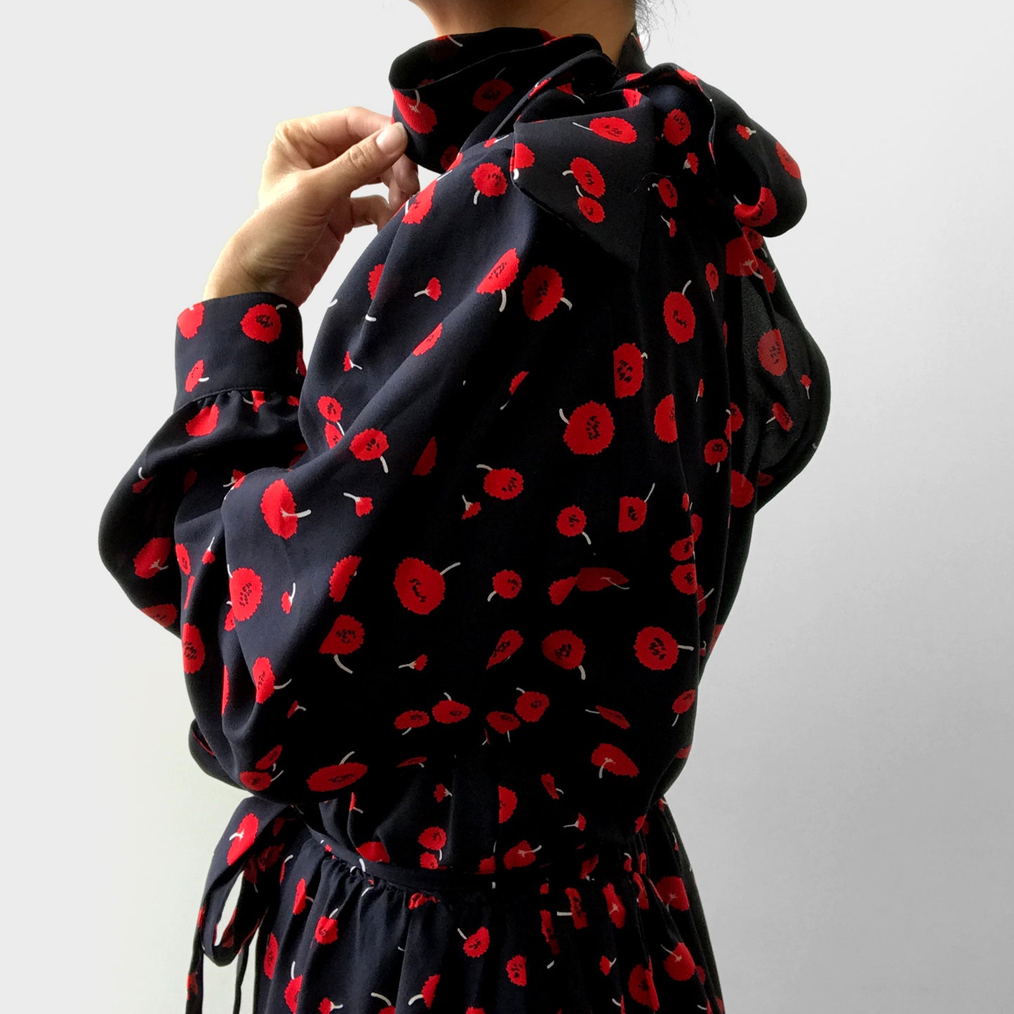 1990s Black and Red Cherry Patterned Tied-Neck Belted Dress