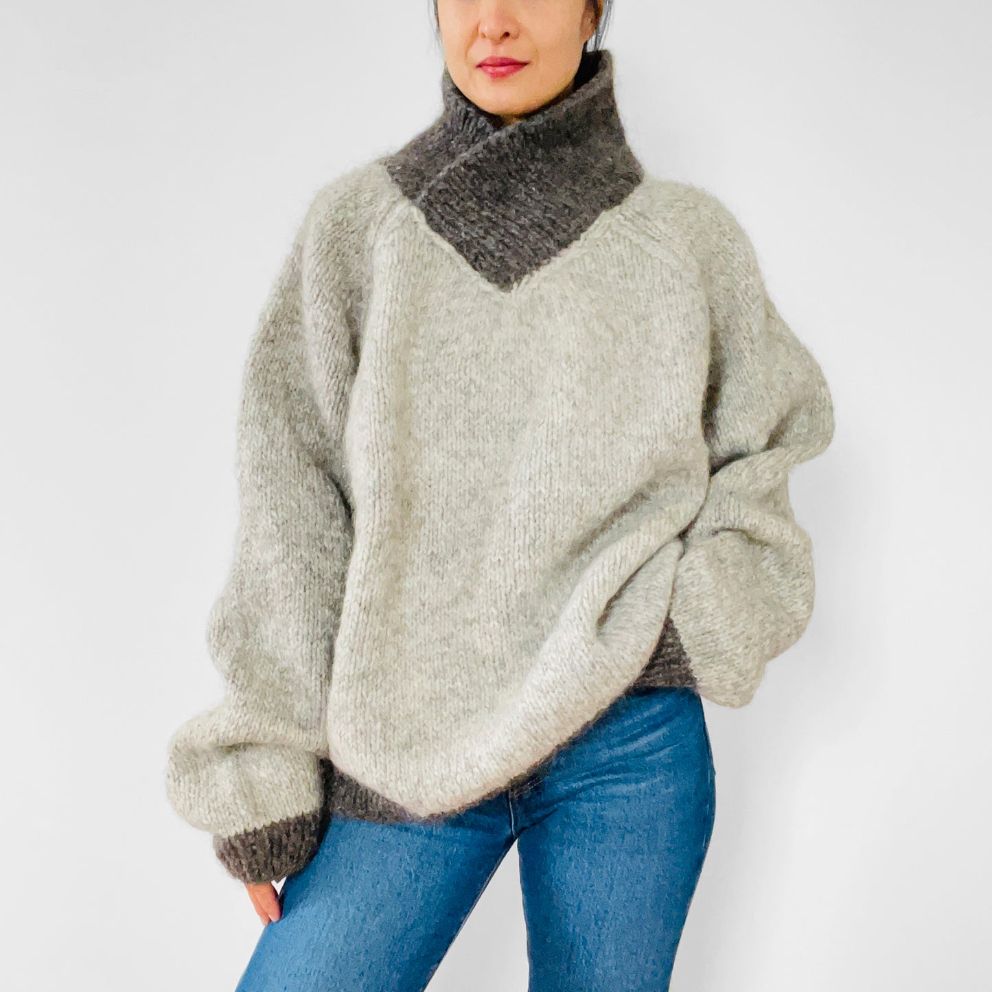 1980s Slouchy Handmade Wool Mohair High-Neck Two-Tone Knit Pullover Sweater