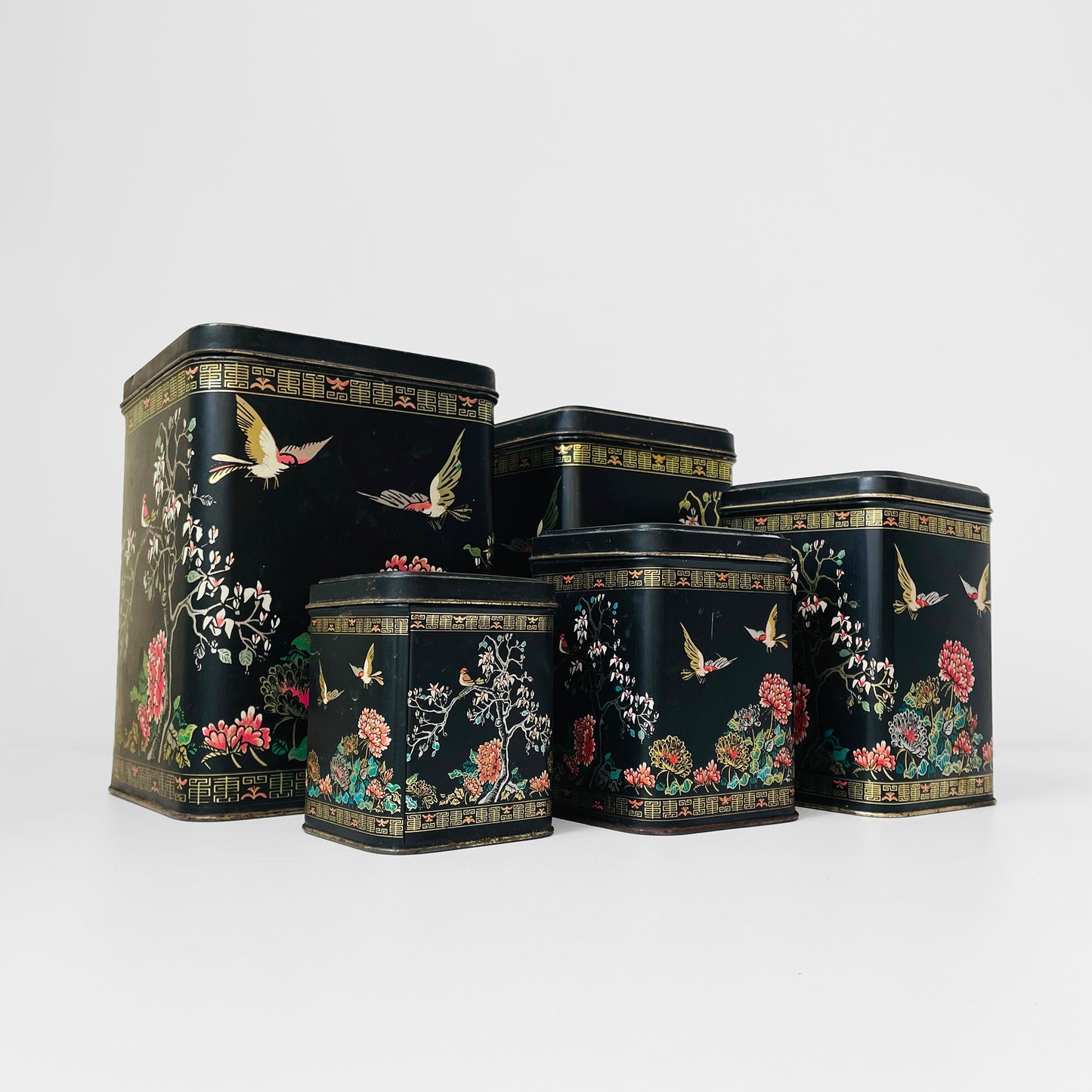 RESERVED!!! 5-piece Black Gold Decorative Floral Bird Asian Lidded Nesting Tins Set