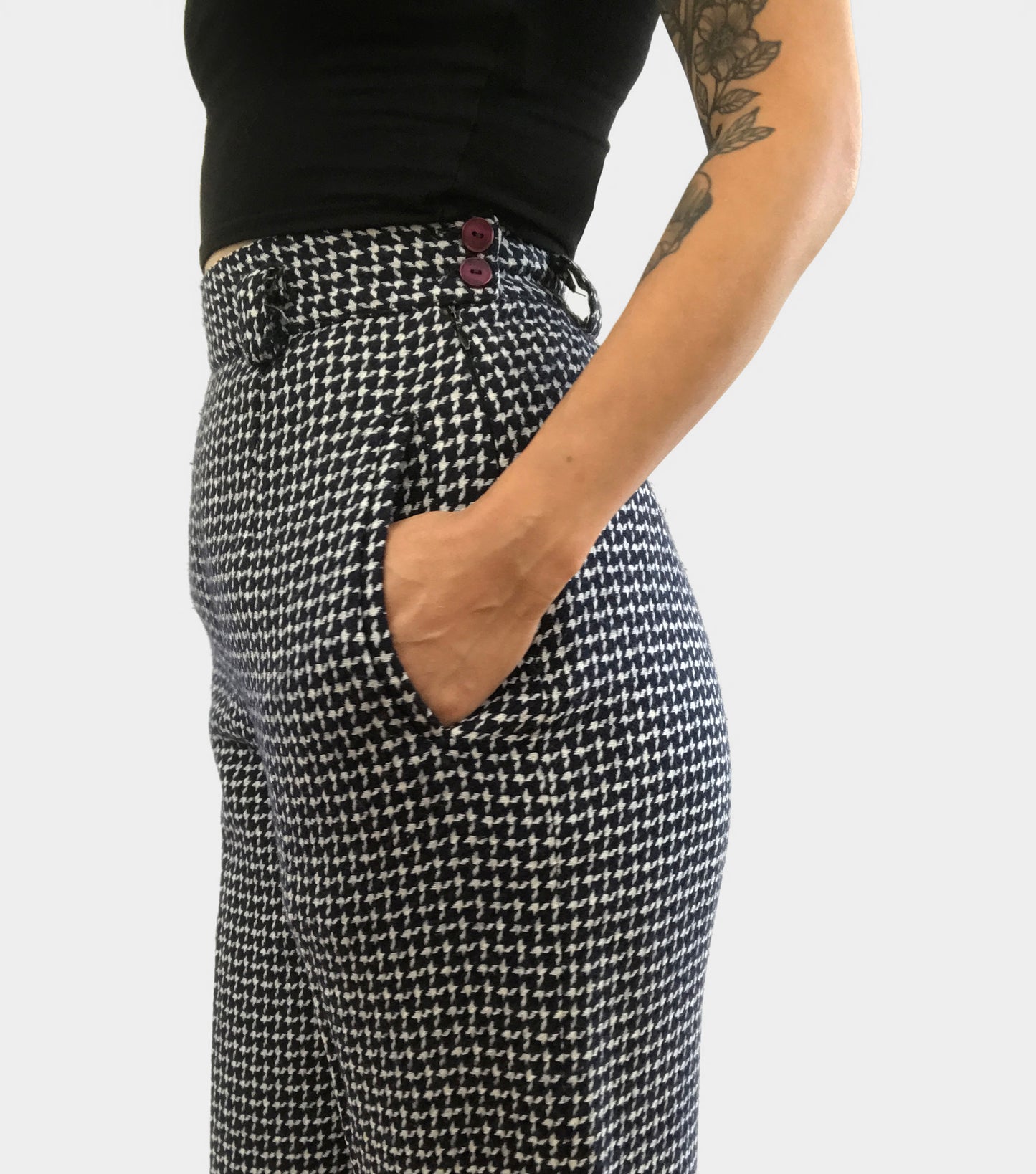 1990s Navy Houndstooth Wool-Blend High-Waisted Side-Button Pants