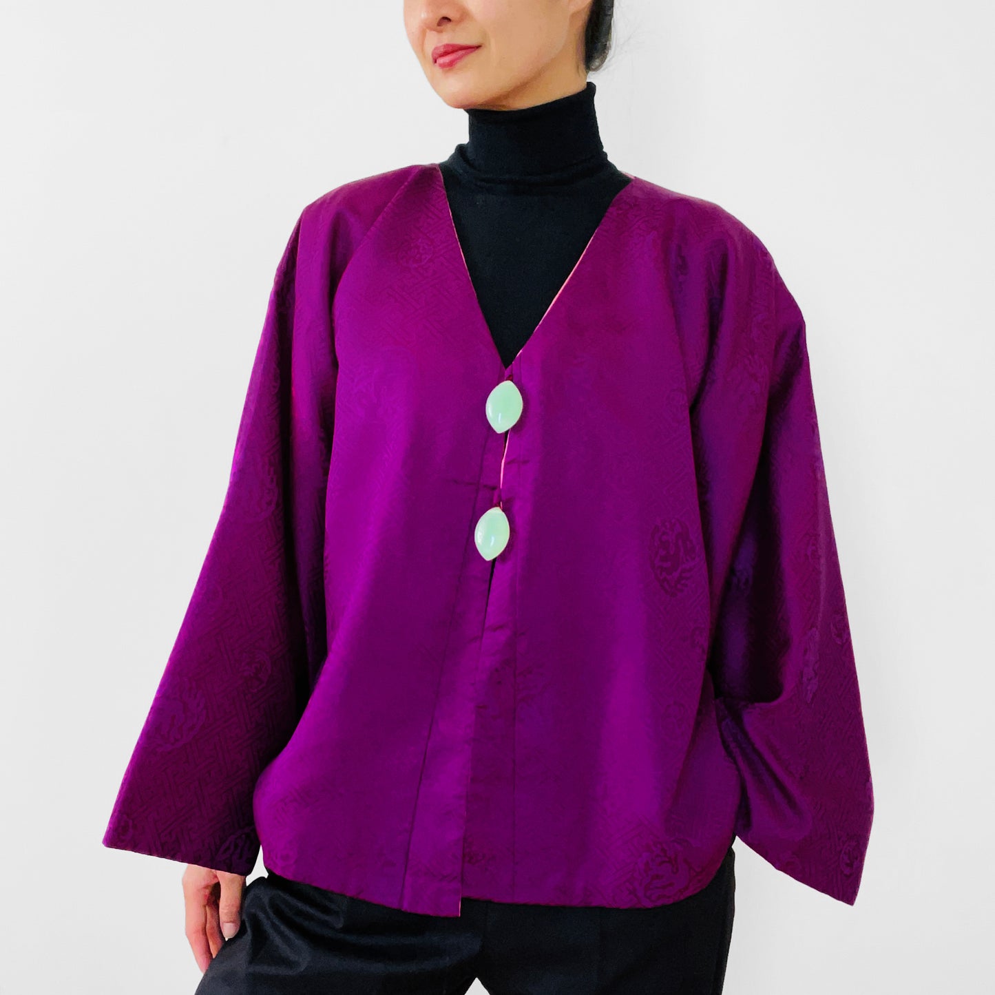 1960s Purple and Coral Silk Reversible Faux-Jade Jeweled Kimono Haori Jacket