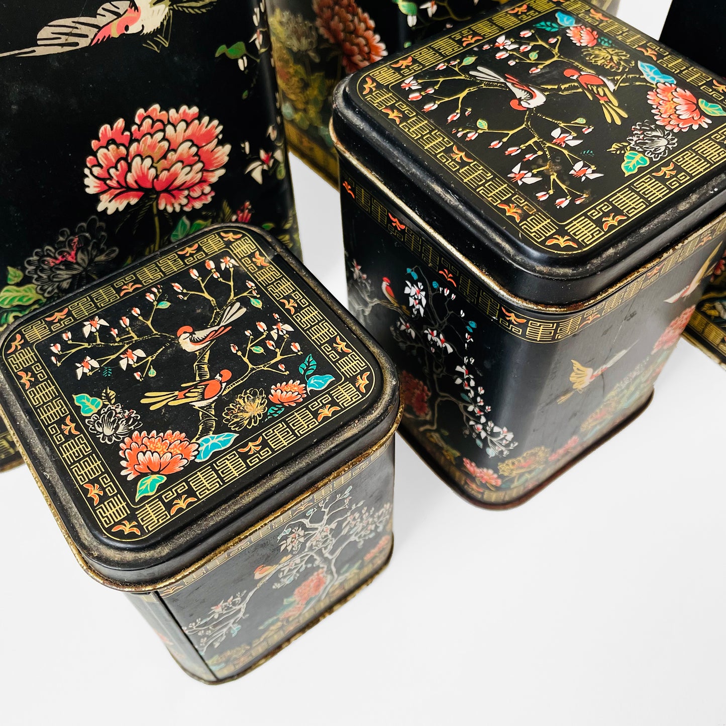 RESERVED!!! 5-piece Black Gold Decorative Floral Bird Asian Lidded Nesting Tins Set