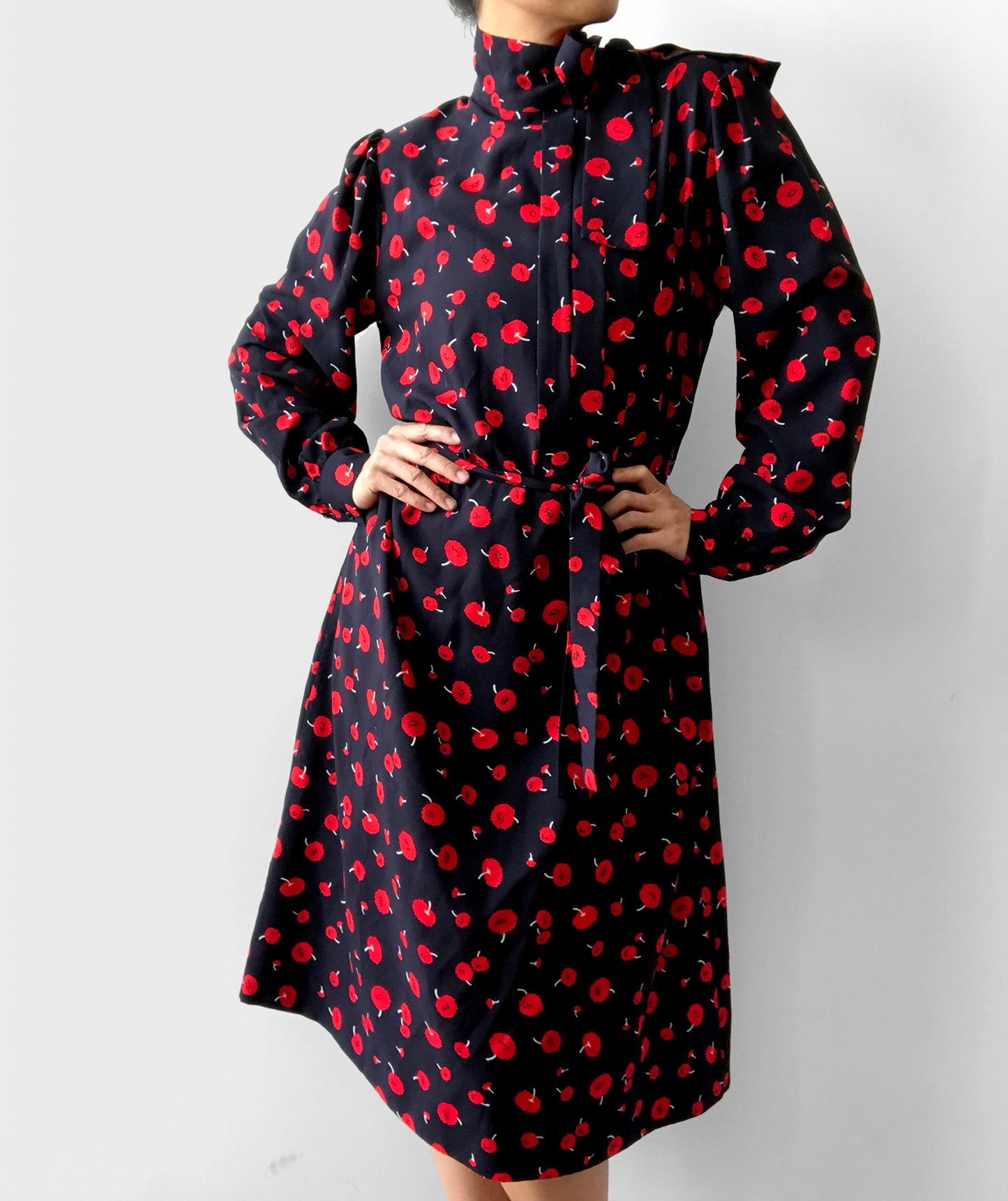 1990s Black and Red Cherry Patterned Tied-Neck Belted Dress