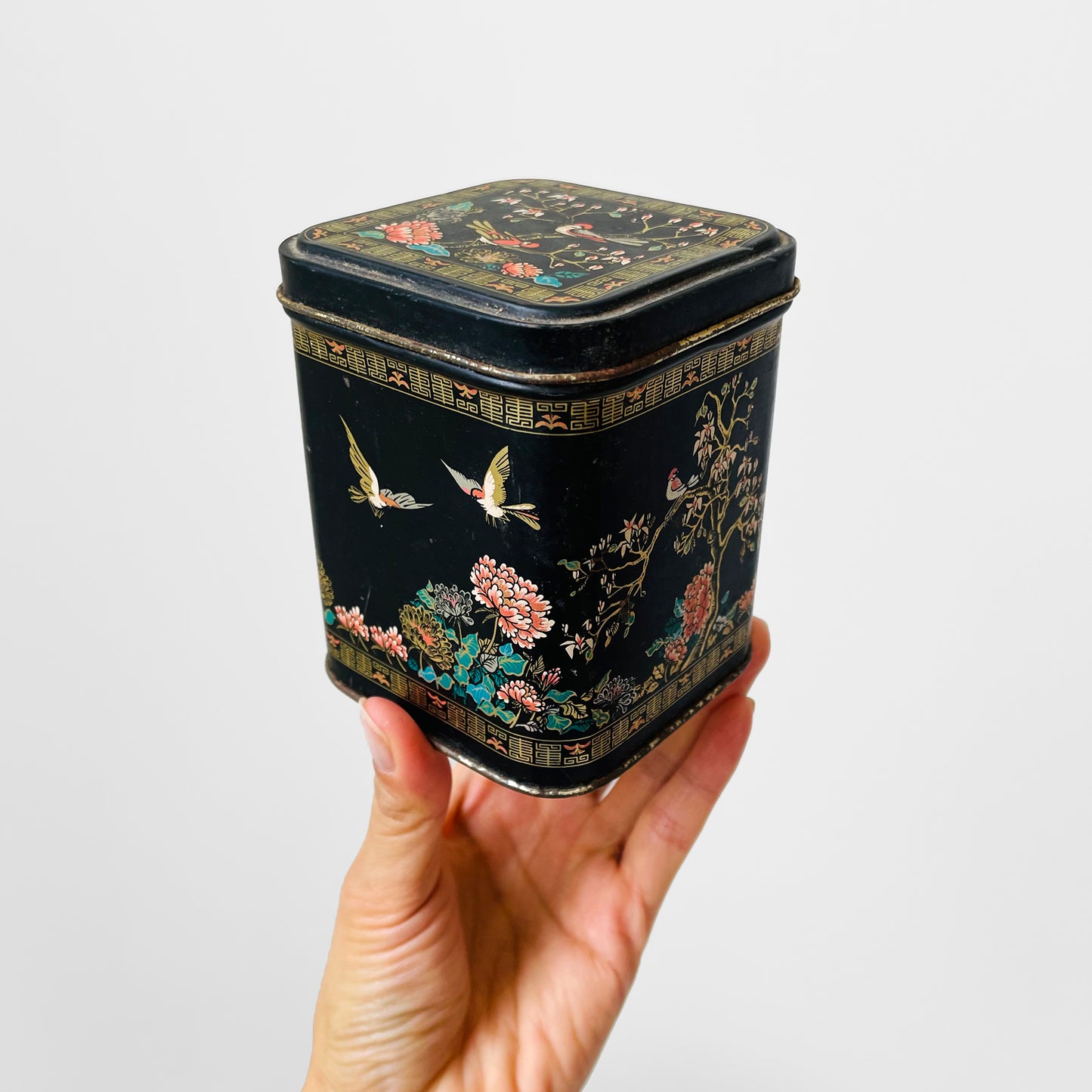 RESERVED!!! 5-piece Black Gold Decorative Floral Bird Asian Lidded Nesting Tins Set