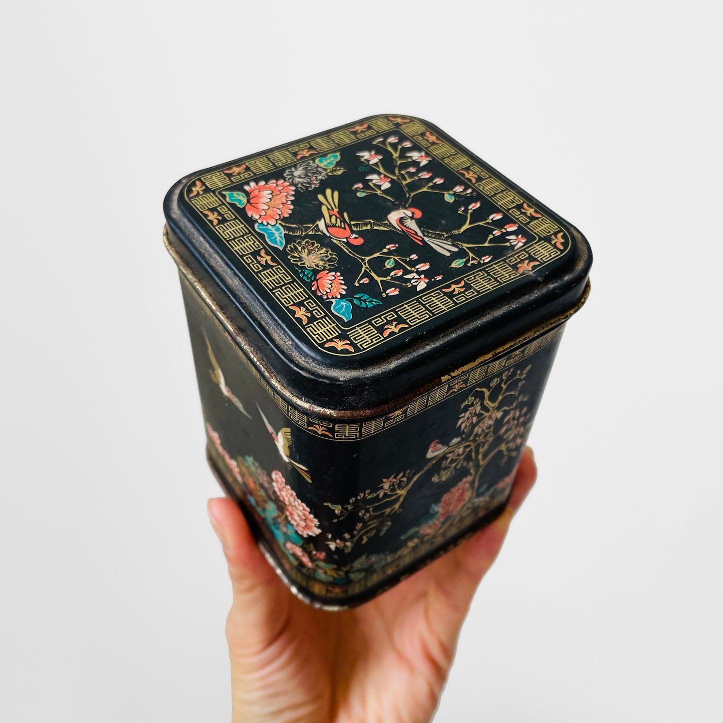 RESERVED!!! 5-piece Black Gold Decorative Floral Bird Asian Lidded Nesting Tins Set