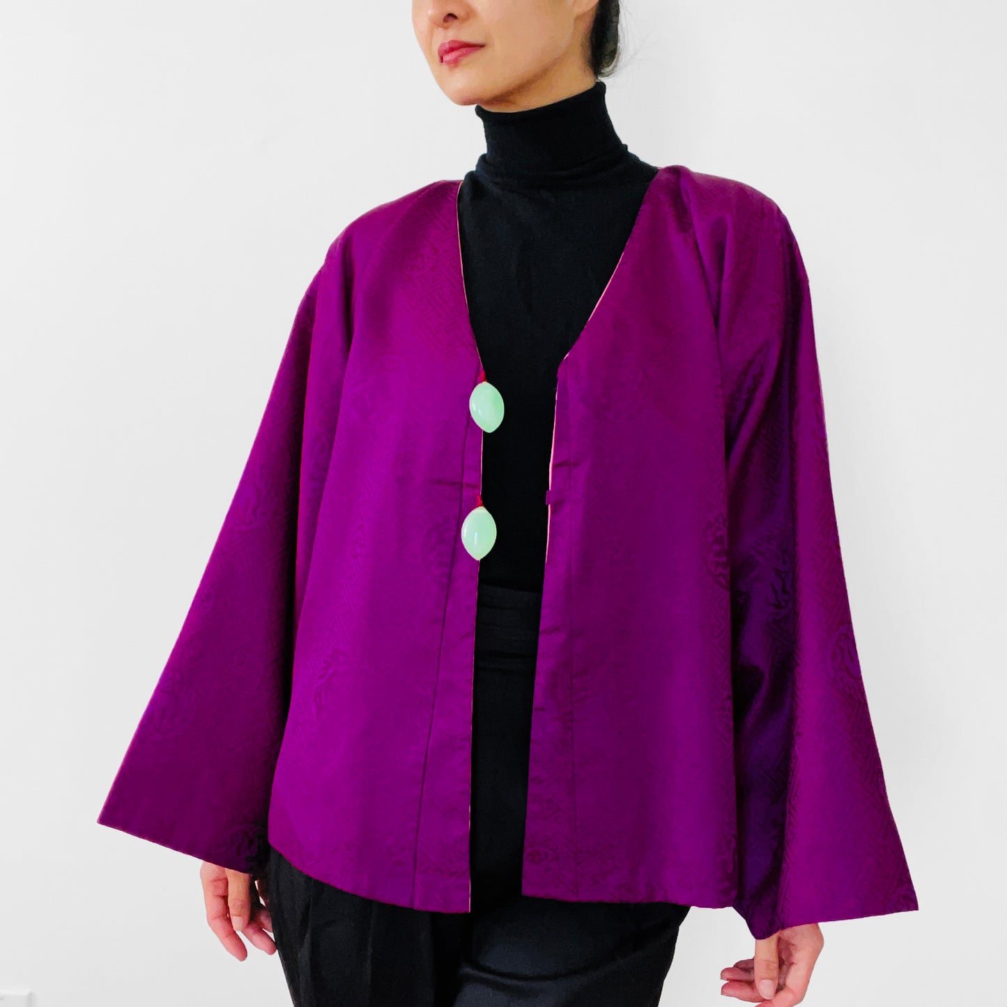 1960s Purple and Coral Silk Reversible Faux-Jade Jeweled Kimono Haori Jacket