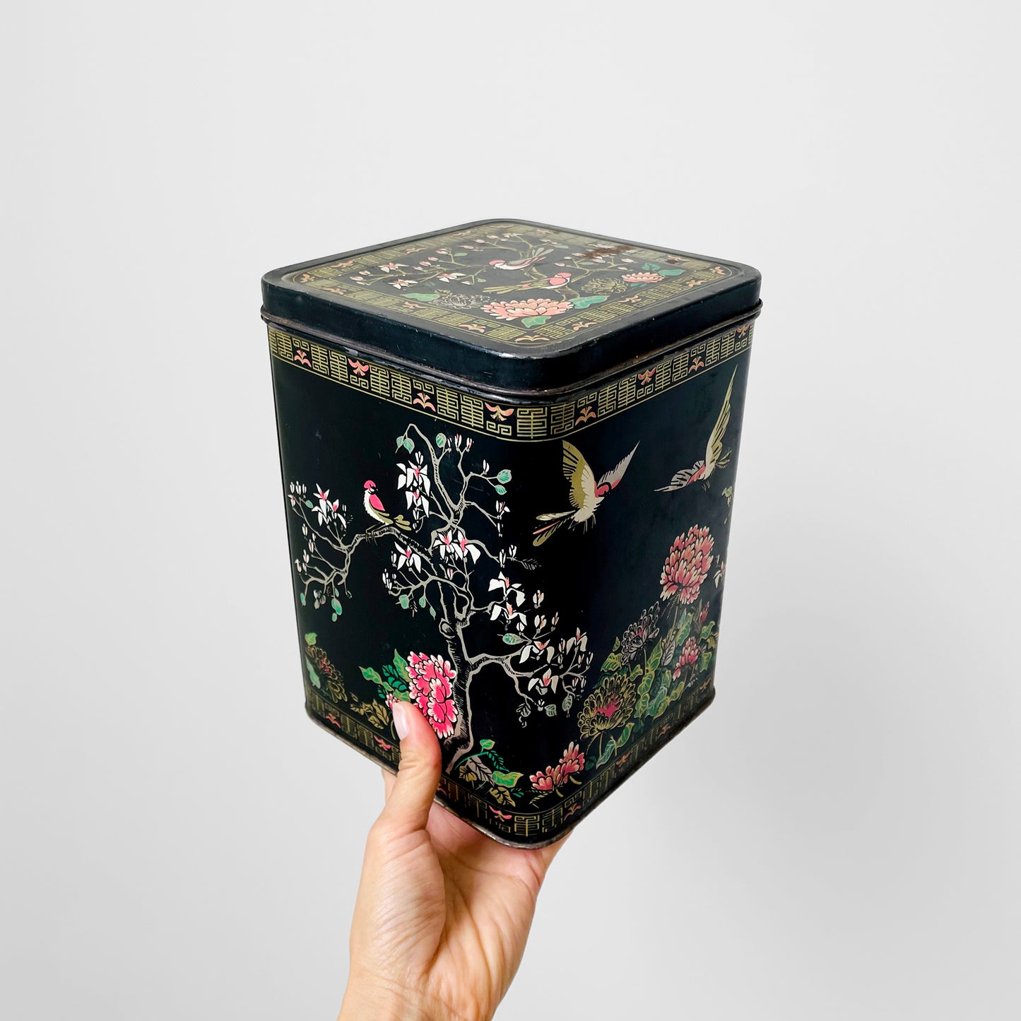 RESERVED!!! 5-piece Black Gold Decorative Floral Bird Asian Lidded Nesting Tins Set