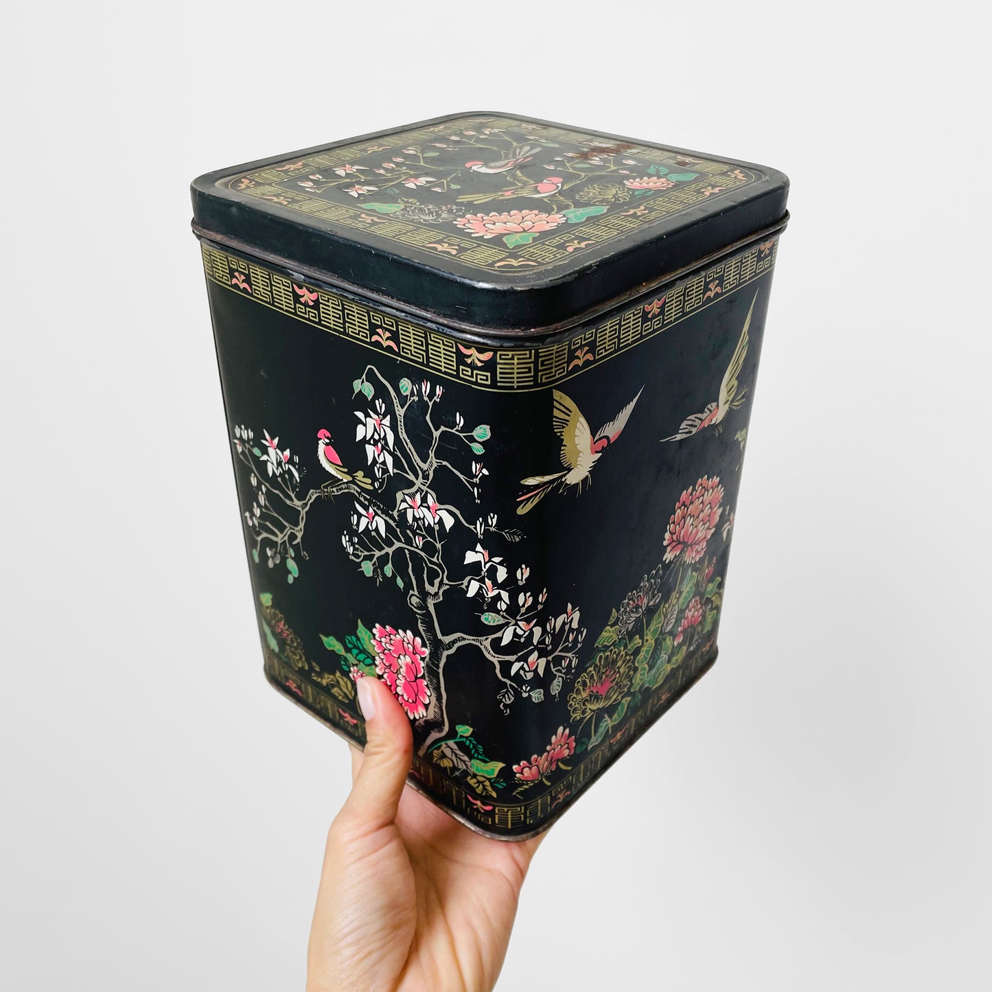 RESERVED!!! 5-piece Black Gold Decorative Floral Bird Asian Lidded Nesting Tins Set