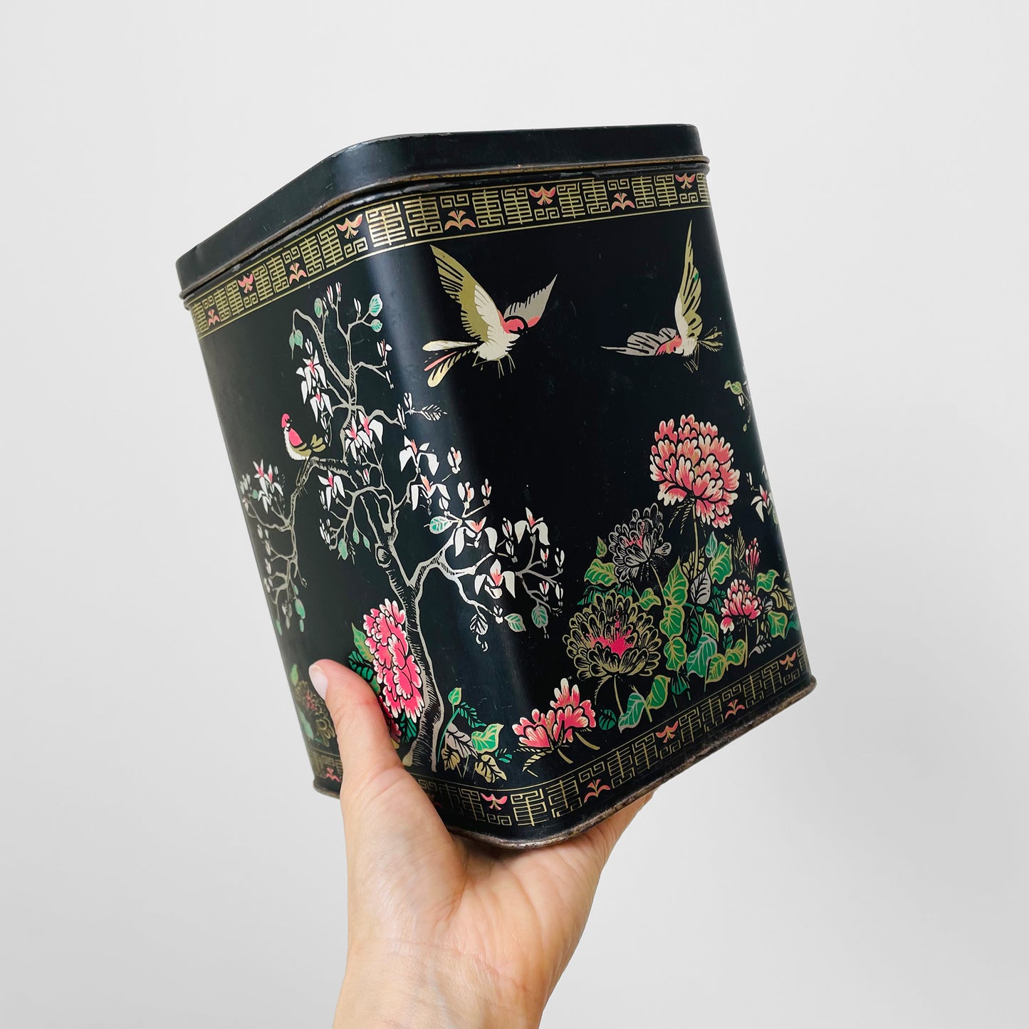 RESERVED!!! 5-piece Black Gold Decorative Floral Bird Asian Lidded Nesting Tins Set