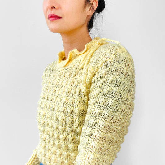 1960s Yellow Tied Ruffle-Neck Hand-Knit Long-Sleeve Pullover Sweater