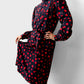 1990s Black and Red Cherry Patterned Tied-Neck Belted Dress