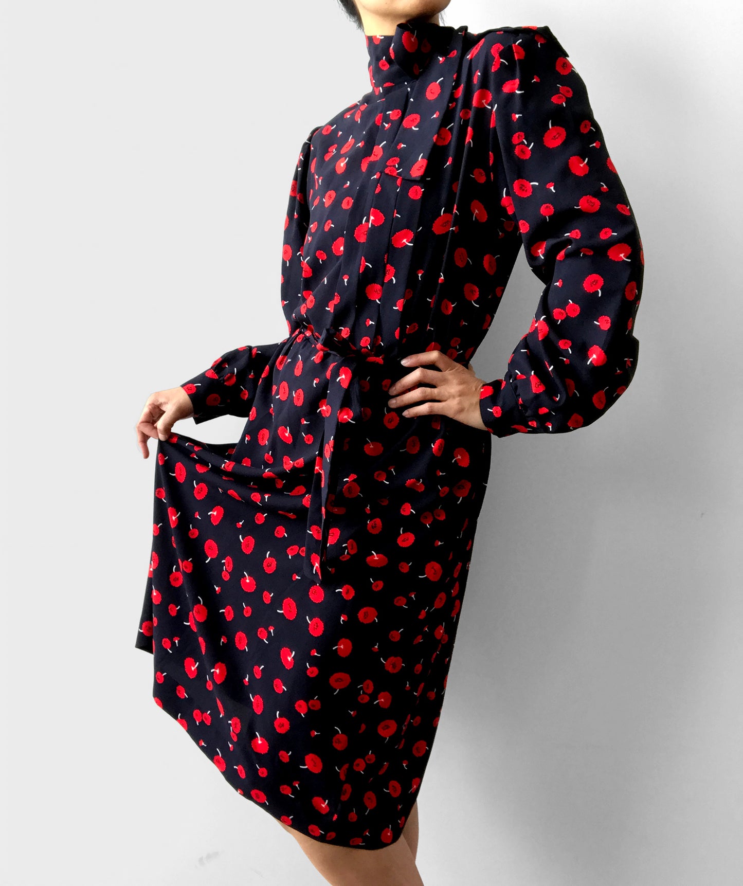 1990s Black and Red Cherry Patterned Tied-Neck Belted Dress