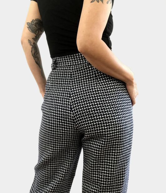 1990s Navy Houndstooth Wool-Blend High-Waisted Side-Button Pants