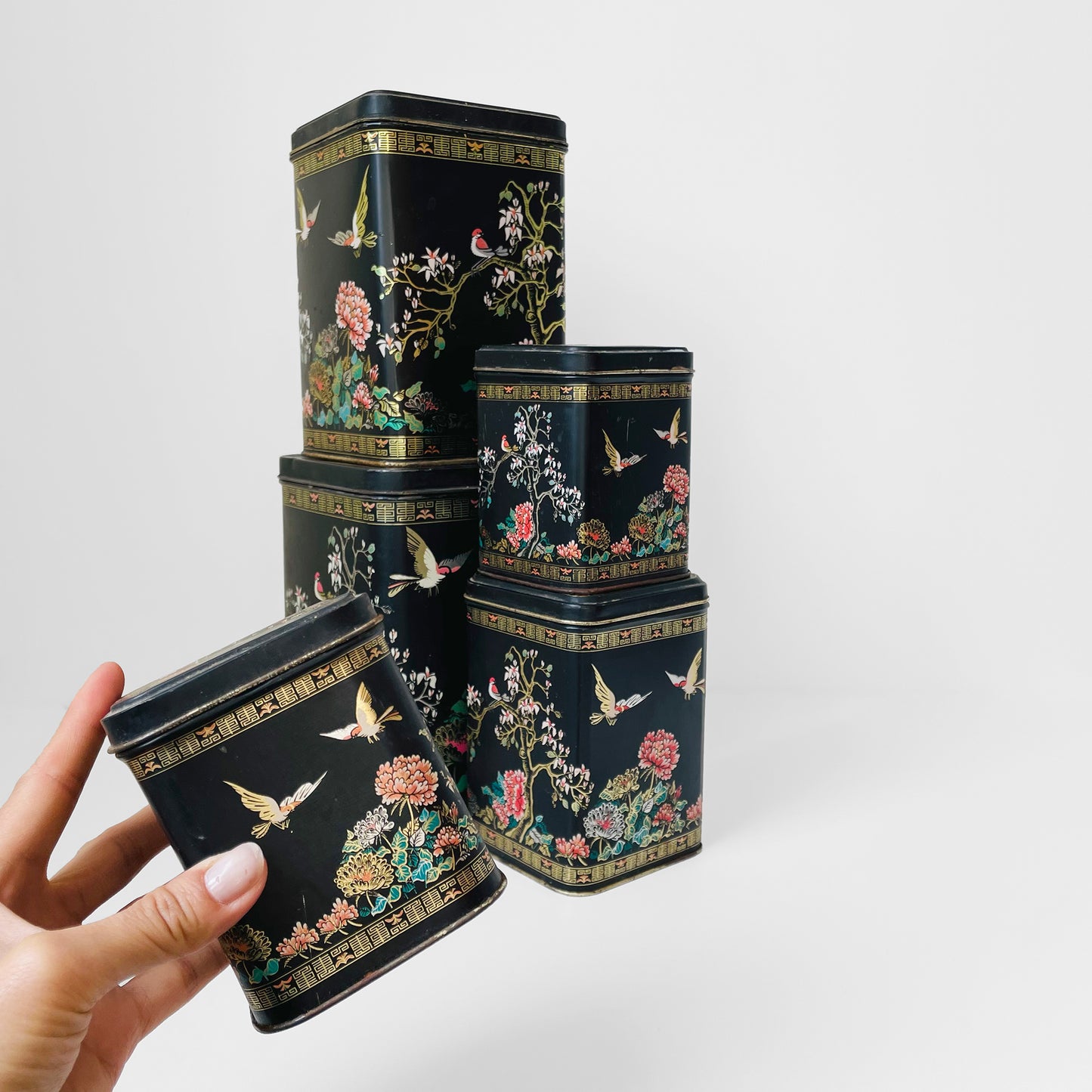 RESERVED!!! 5-piece Black Gold Decorative Floral Bird Asian Lidded Nesting Tins Set