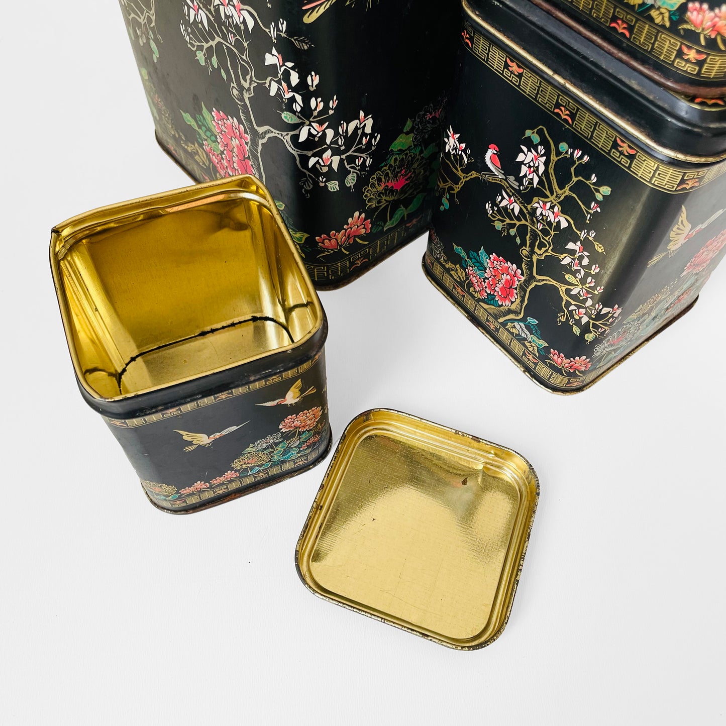 RESERVED!!! 5-piece Black Gold Decorative Floral Bird Asian Lidded Nesting Tins Set