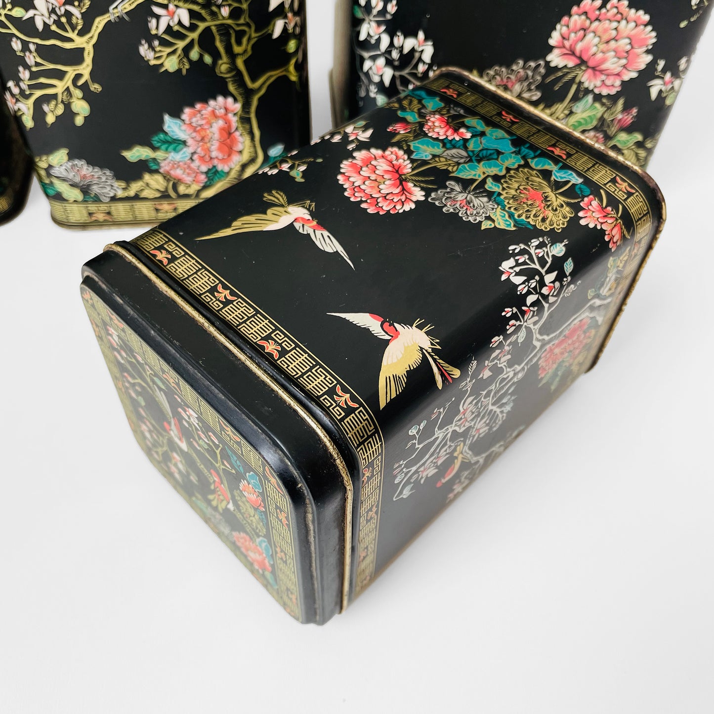 RESERVED!!! 5-piece Black Gold Decorative Floral Bird Asian Lidded Nesting Tins Set