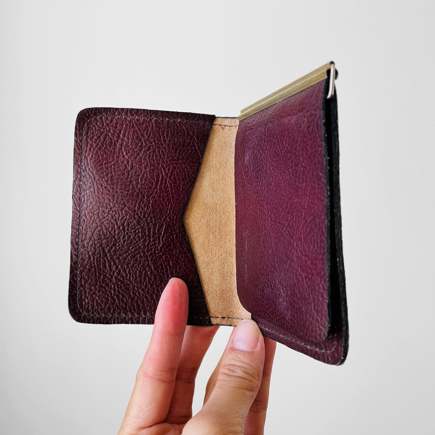 1970s Wine Red Leather Money Clip Card Case Wallet