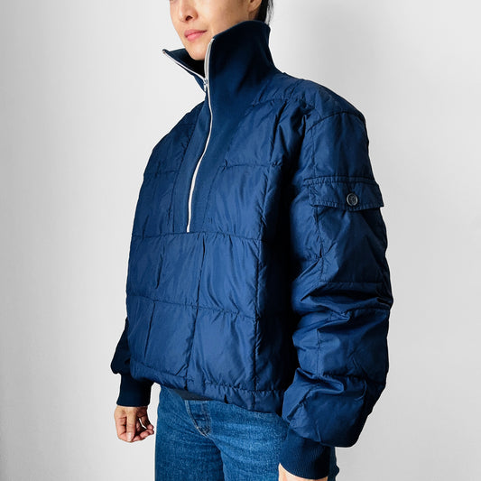 Made in Canada Eddie Bauer Zip Front Navy Blue Quilted Knit Turtleneck Stashable Pullover Jacket - S/M/L