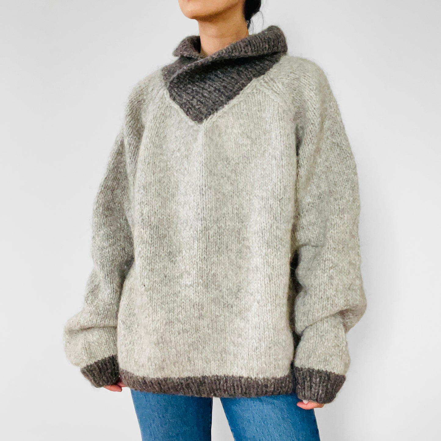 1980s Slouchy Handmade Wool Mohair High-Neck Two-Tone Knit Pullover Sweater