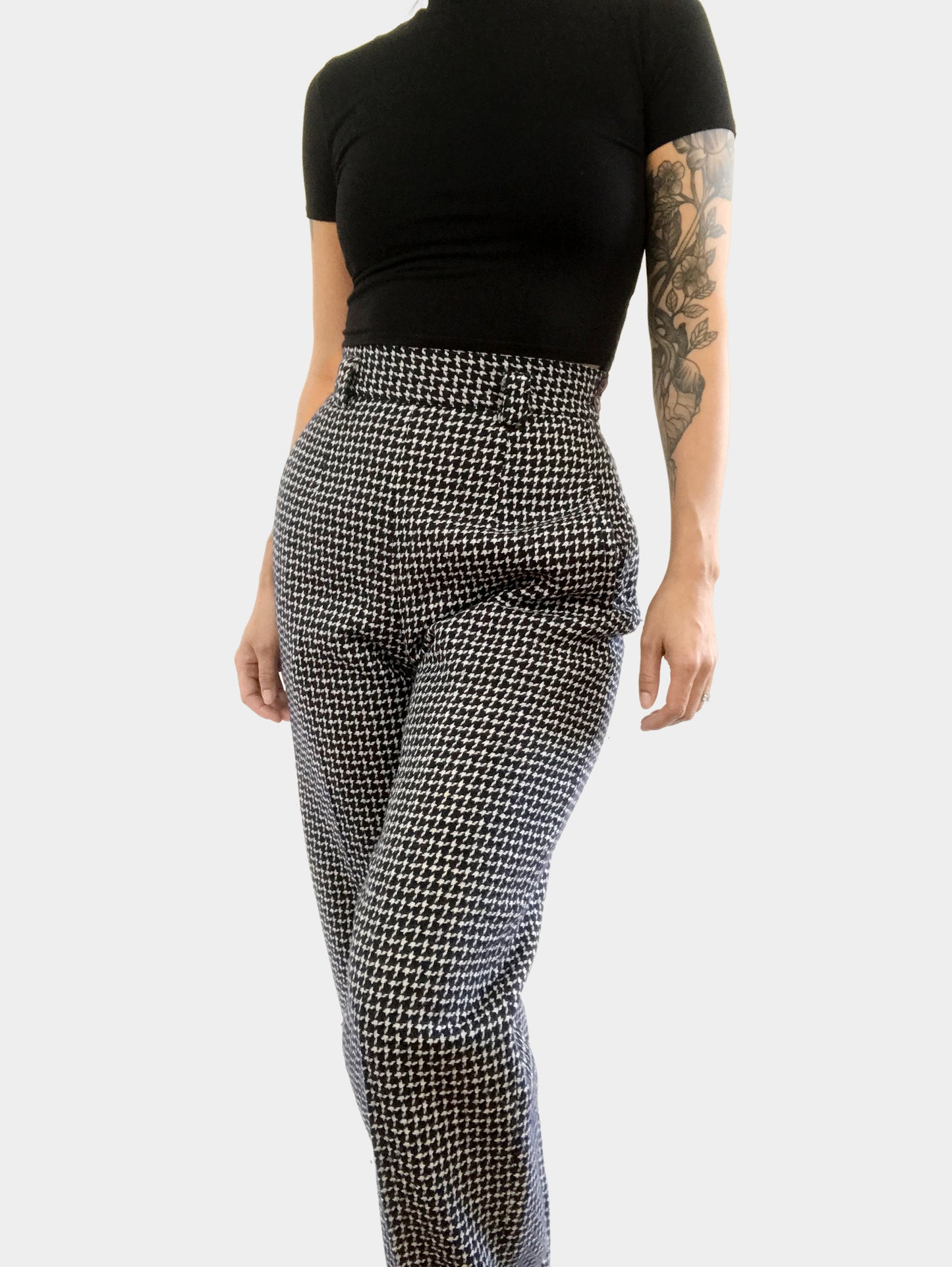 1990s Navy Houndstooth Wool-Blend High-Waisted Side-Button Pants