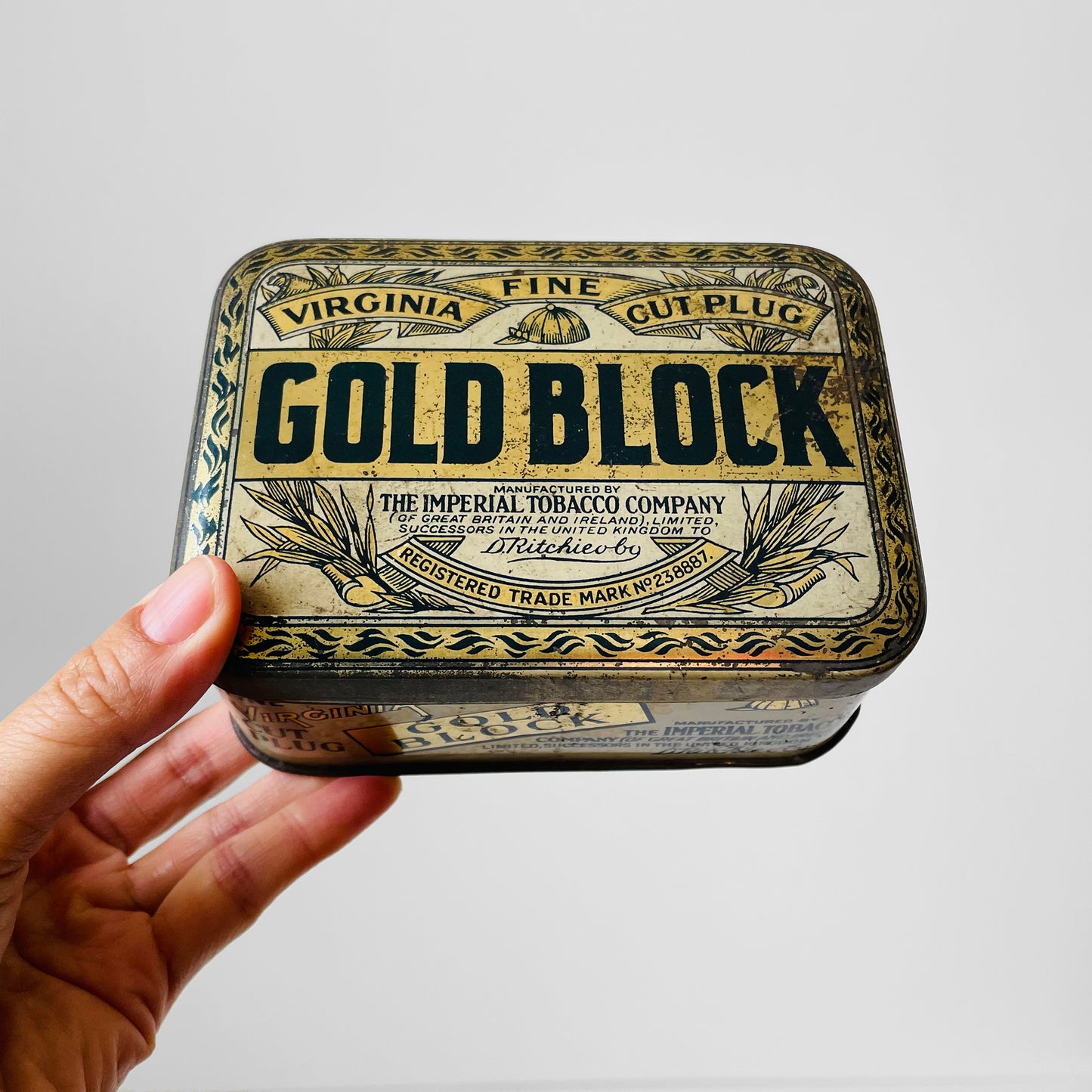 gold block tobacco tin Early 1900s Antique Gold Block Tobacco Tin – Box & Burrow Vintage