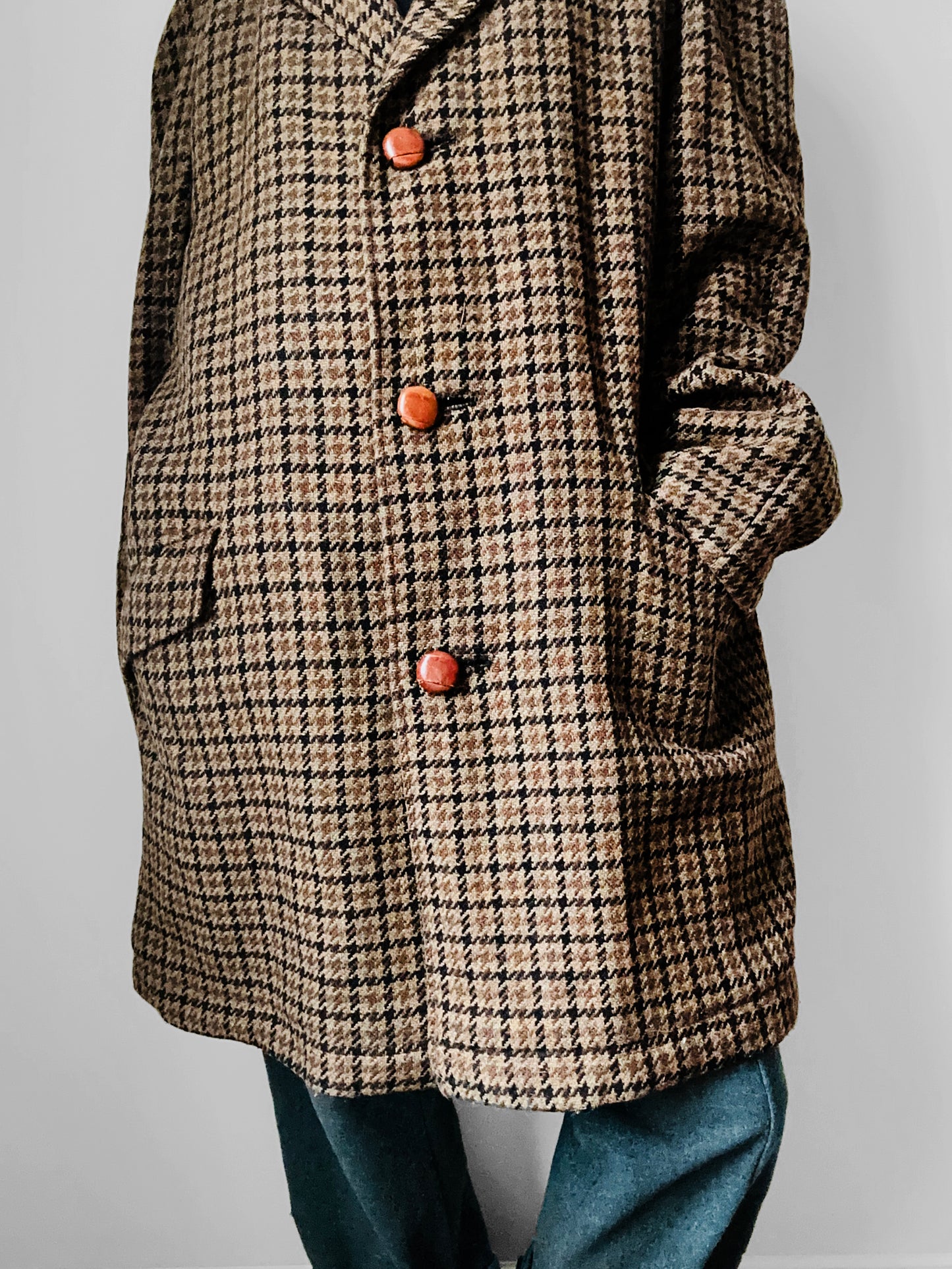 1950s Wool Houndstooth Plaid Double-Breasted Leather Button Jacket