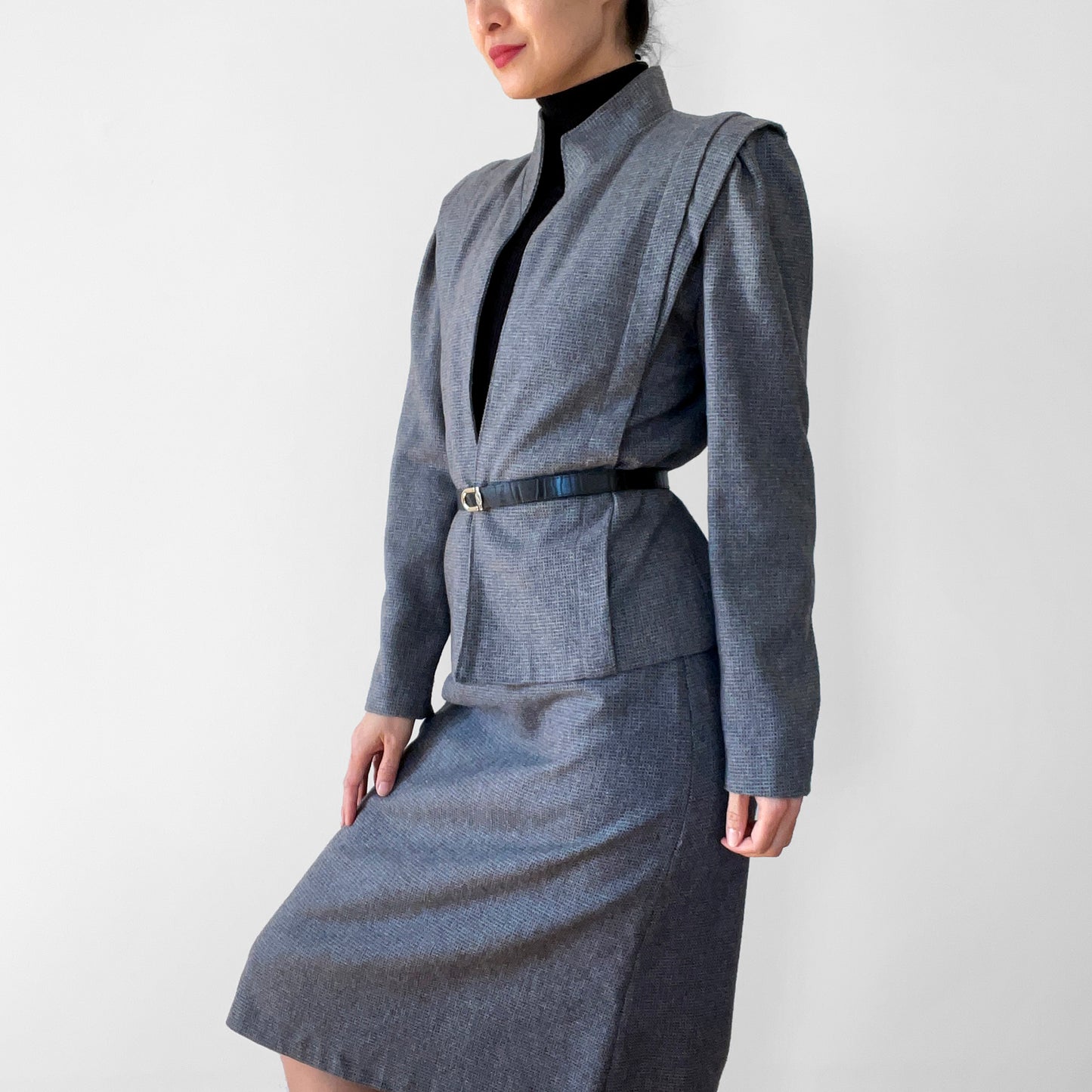 1970s - 1980s Gray Textured Wool Skirt and Jacket Set