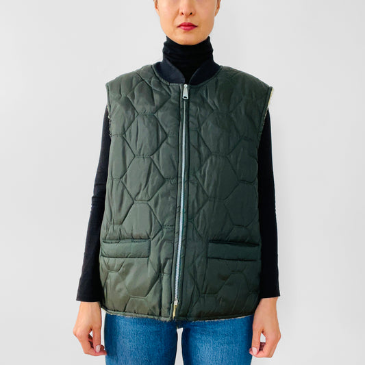 1970s Made in Canada Army-Green Faux-Fur Lined Quilted Vest