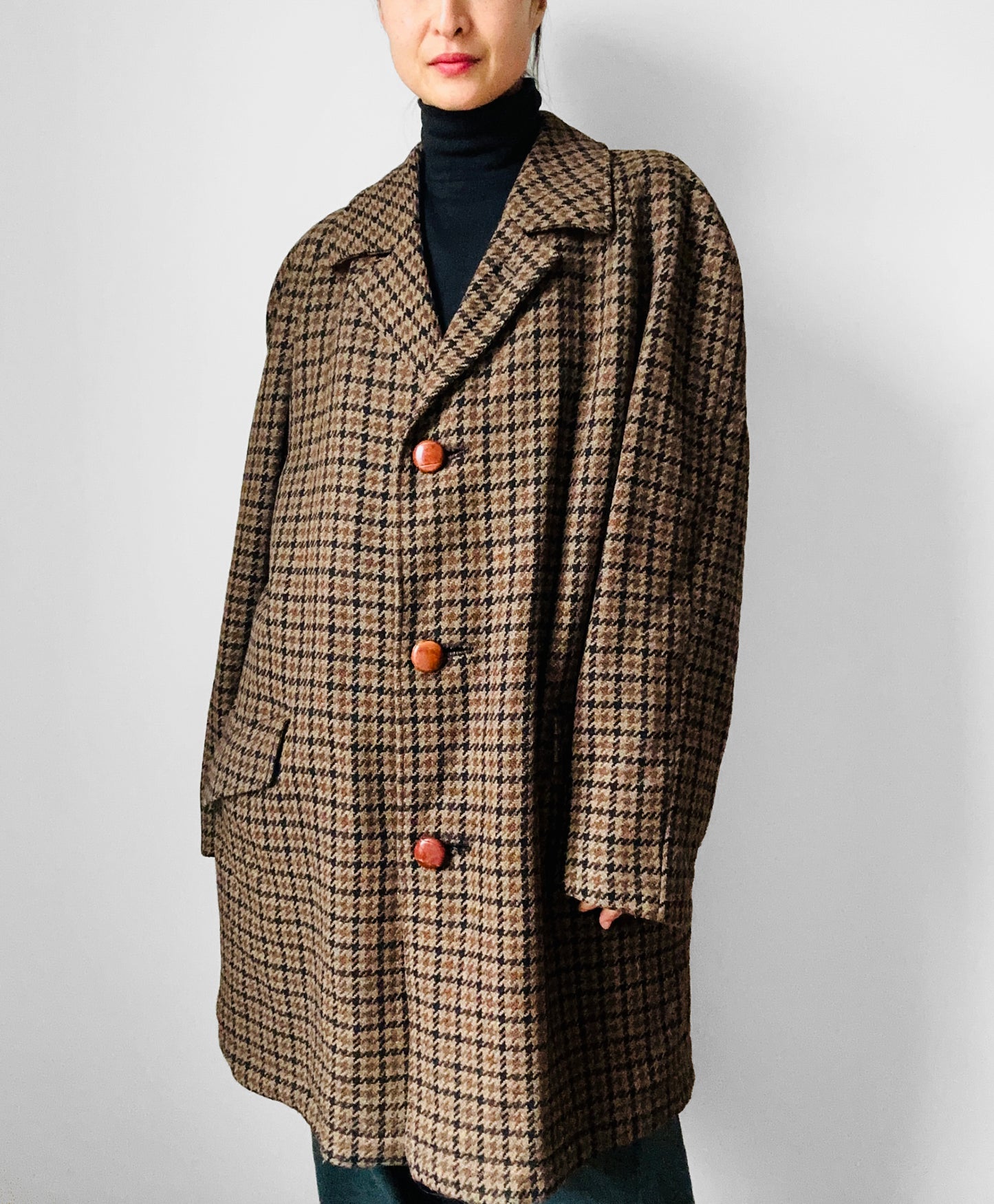 1950s Wool Houndstooth Plaid Double-Breasted Leather Button Jacket