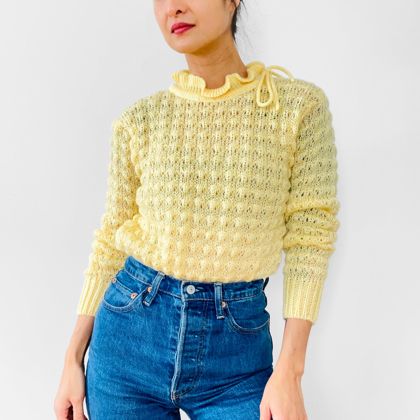 1960s Yellow Tied Ruffle-Neck Hand-Knit Long-Sleeve Pullover Sweater