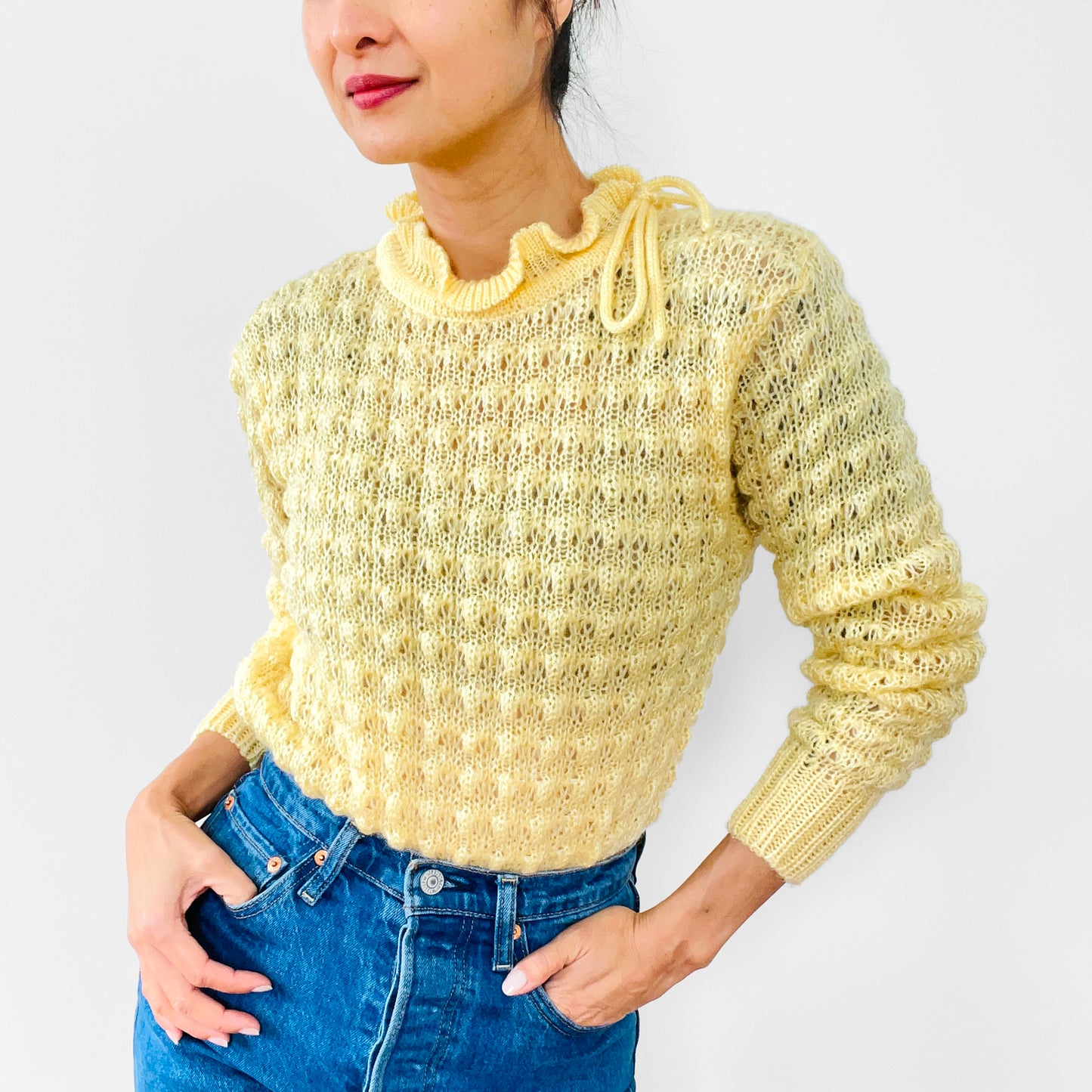 1960s Yellow Tied Ruffle-Neck Hand-Knit Long-Sleeve Pullover Sweater