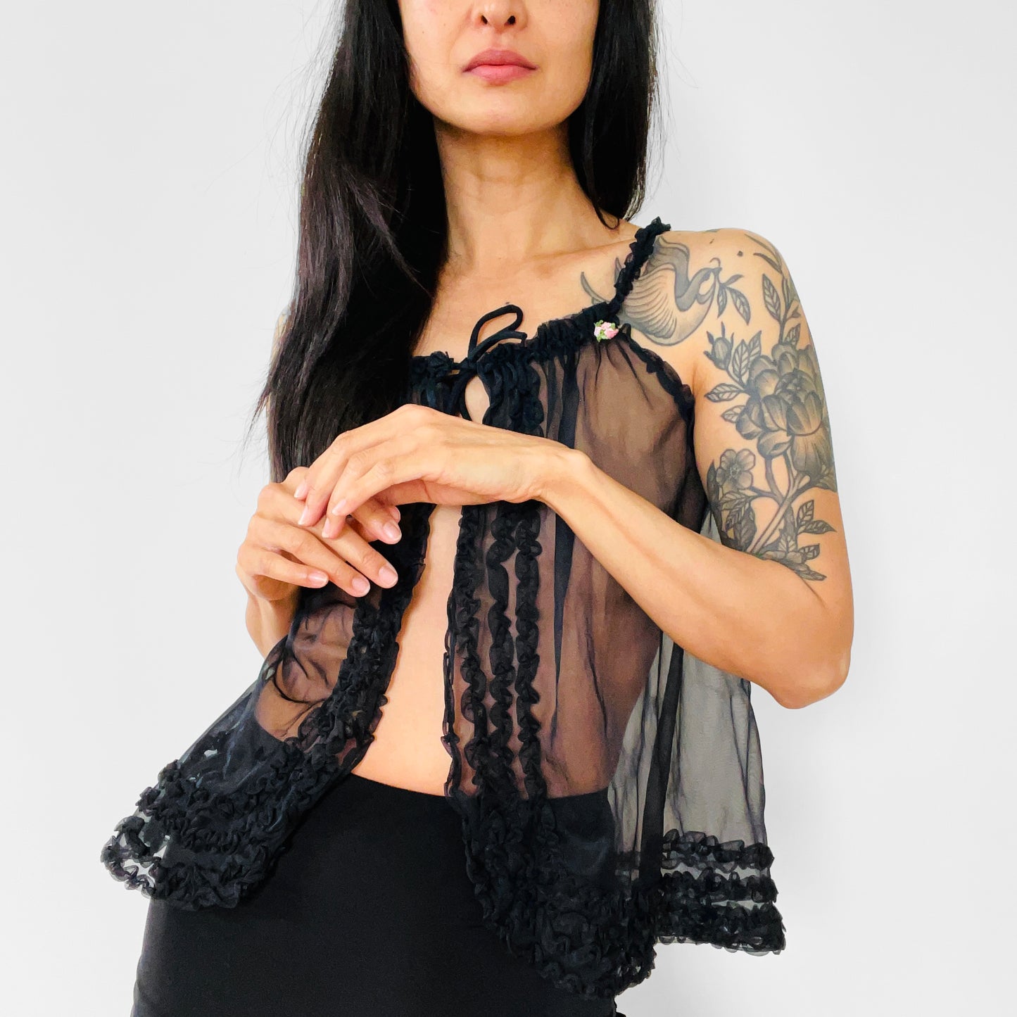 1960s Black Sheer Ruffle Chiffon Top - Sz. S