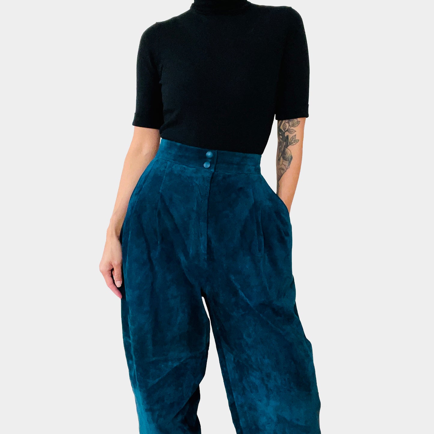 1980s Blue Suede Lined High-Waisted Tapered Balloon-Leg Trouser Pants