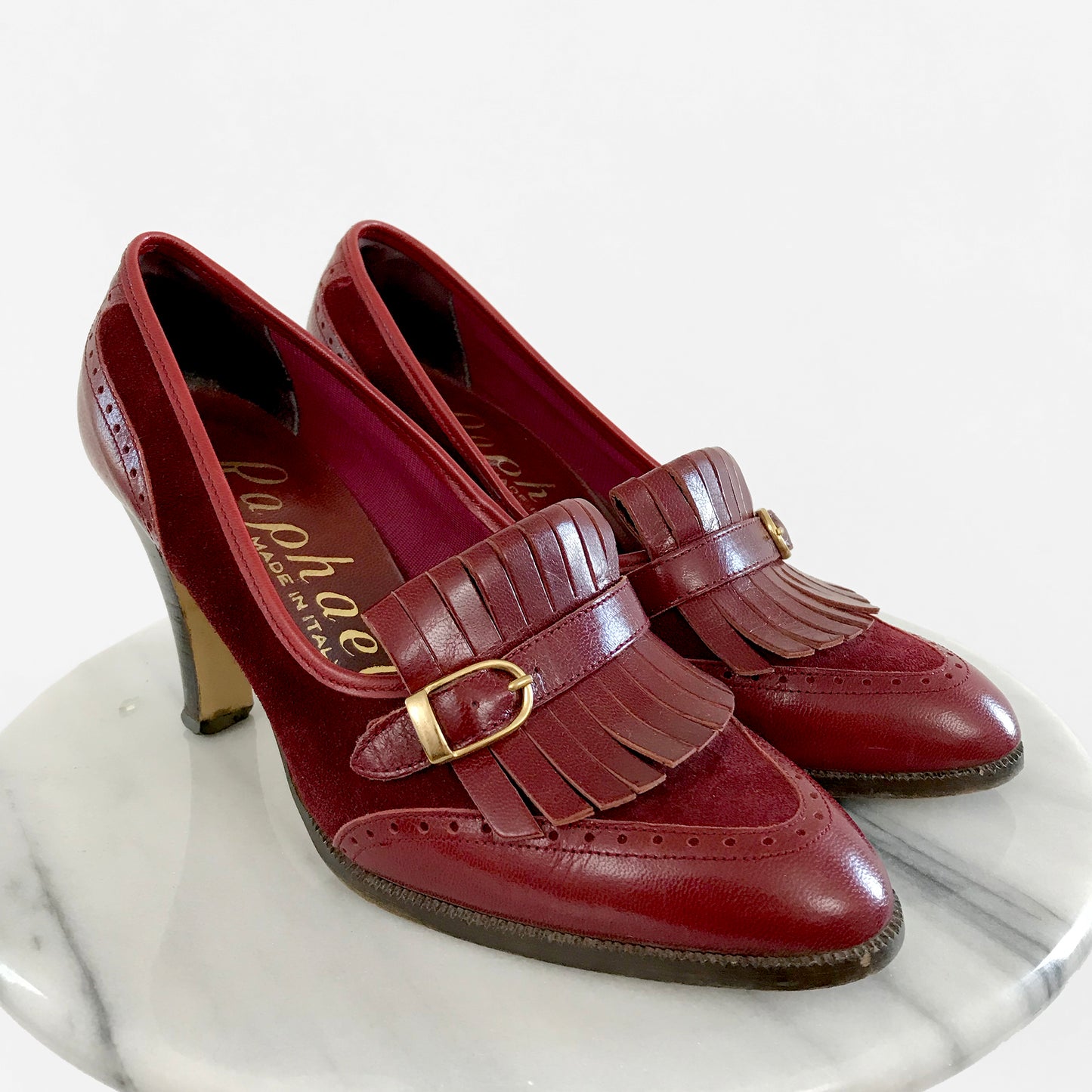 Wine Red Suede and Leather Raphael Italy Slip-On Heels - Sz. 6.5M