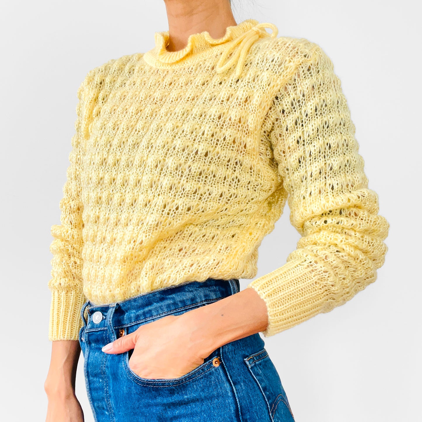 1960s Yellow Tied Ruffle-Neck Hand-Knit Long-Sleeve Pullover Sweater