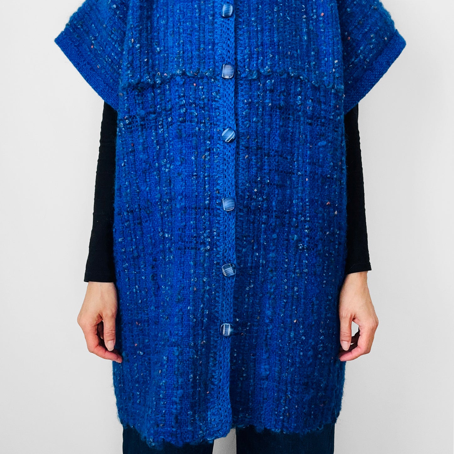 Indigo Blue Heavy Loomed Wool Button Front Sleeveless Tunic Knit Sweater Cardigan