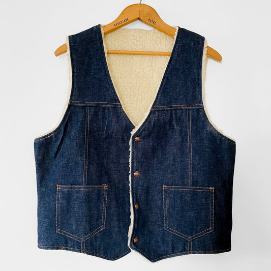 Dark Denim Snap Button Lambs Wool Jean Vest