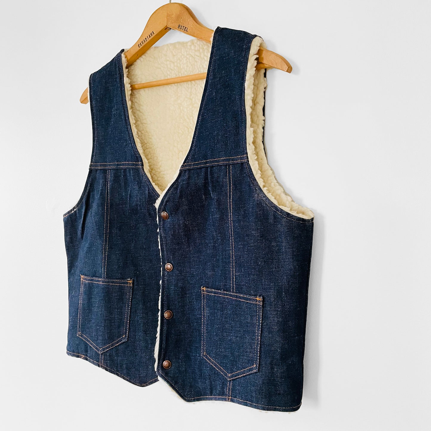 Dark Denim Snap Button Lambs Wool Jean Vest